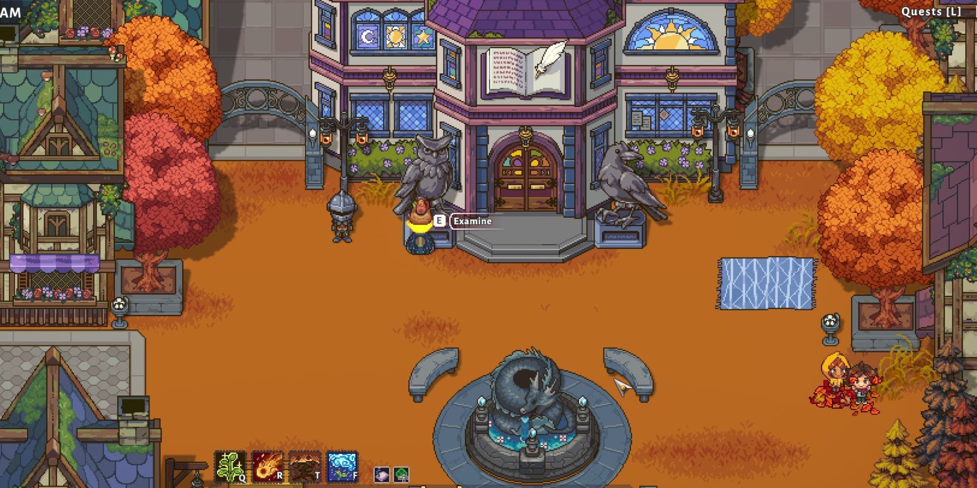Player faces the Owl statue in front of the library, with the option to examine it 
