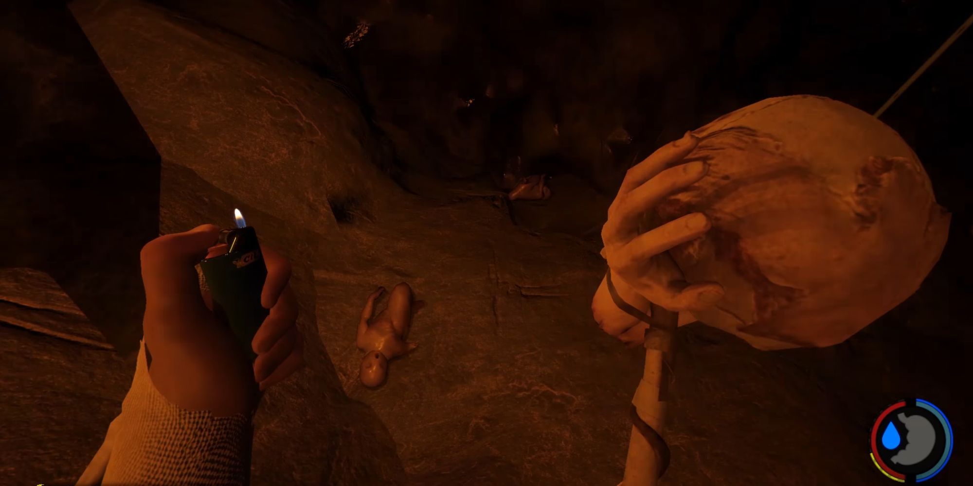 Dead baby mutants lay on the floor of a dark cave 