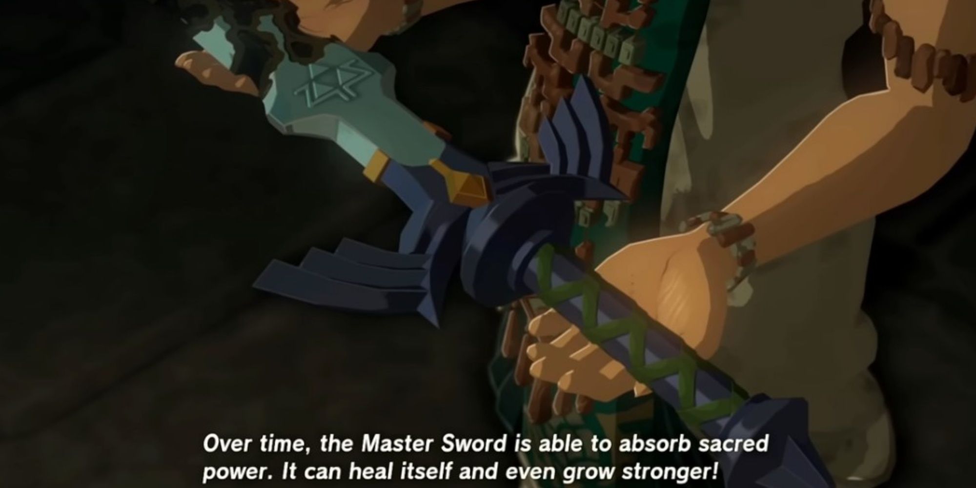 A close-up of Zelda's hands holding the Master Sword in Tears of the Kingdom