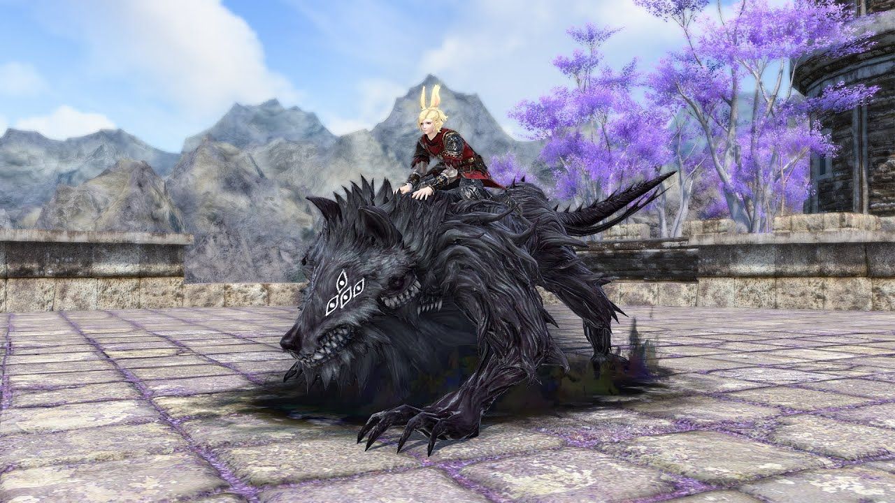A player atop the Shadow Wolf mount in Final Fantasy 14.