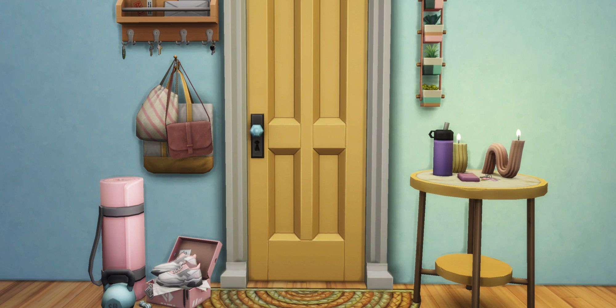 A yellow front door in the Sims 4. Next to it is an end table, on the other side are some bags and a yoga mat