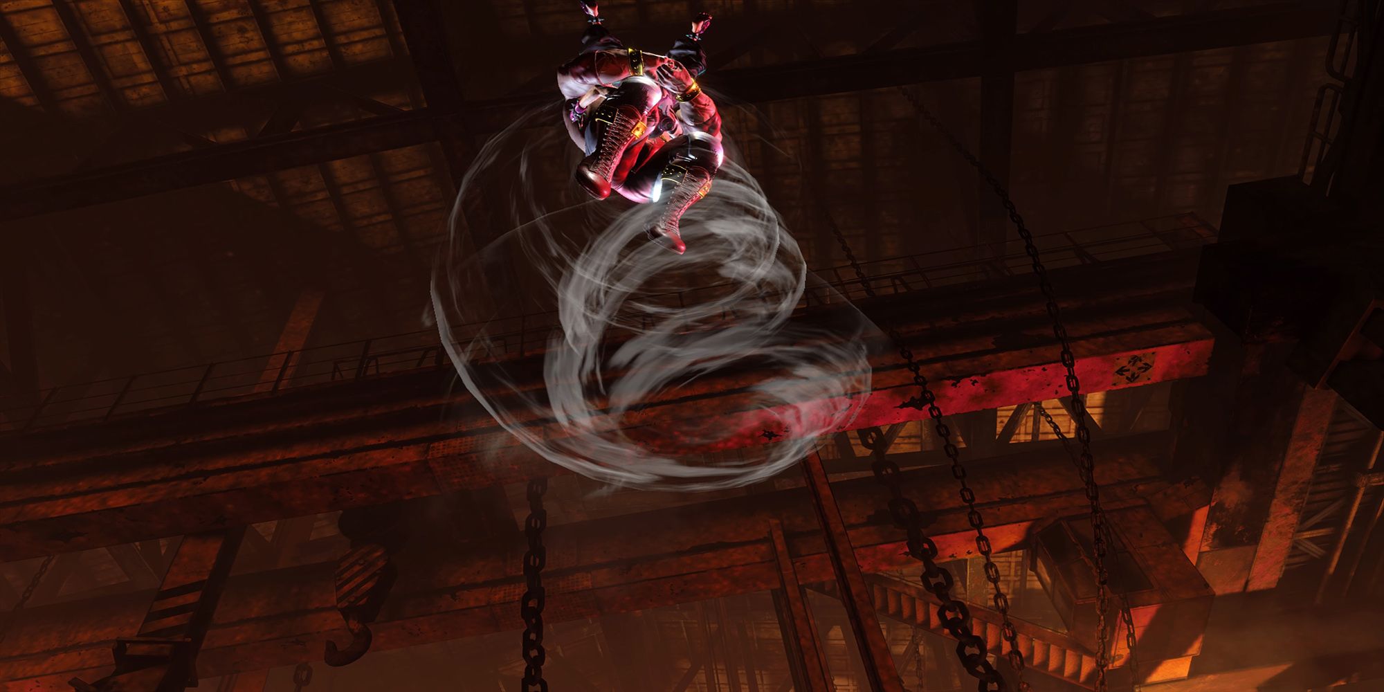 Zangief flies up to the Barmaley Steelworks ceiling with Juri in tow during his Screw Piledriver attack in Street Fighter 6.