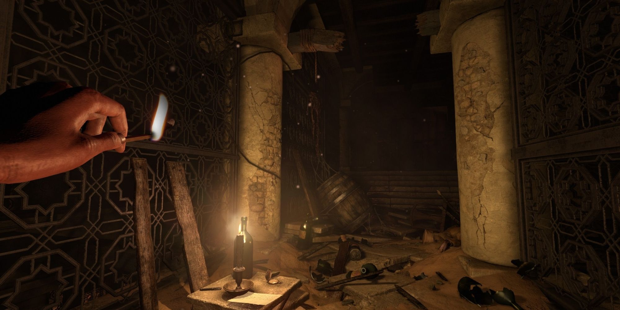 amnesia rebirth player holding lit match in cave