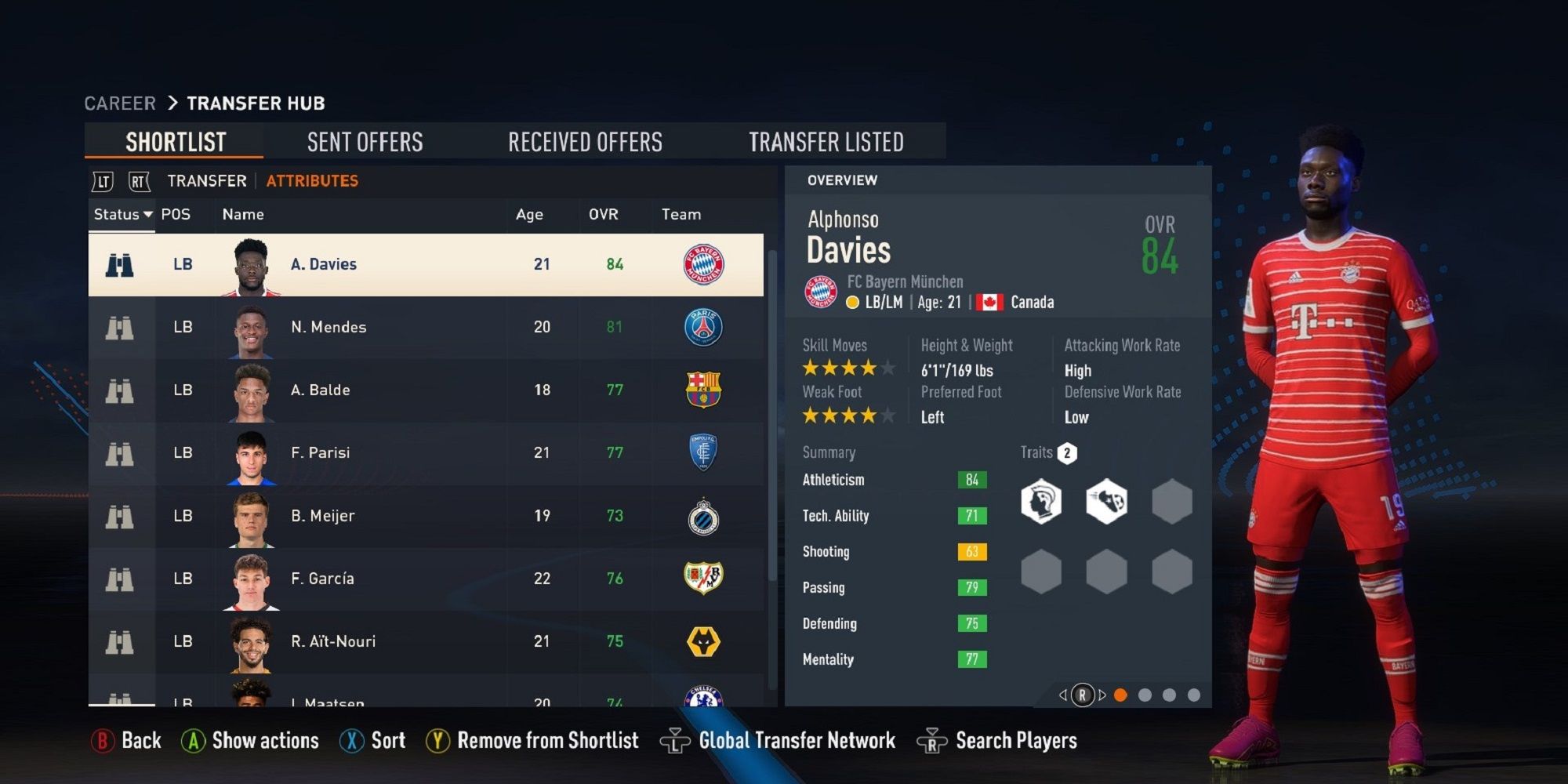 Alphonso Davies standing next to his attribute card in FIFA 23