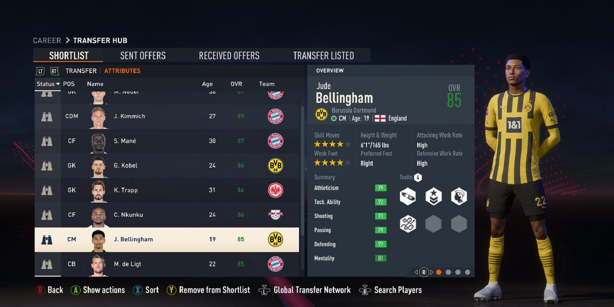 Jude Bellingham standing at attention in FIFA 23.