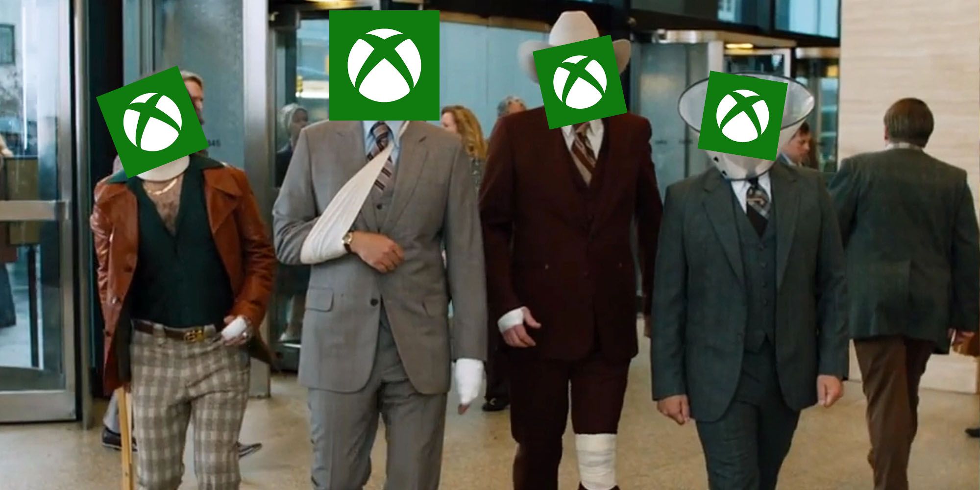 Anchorman after losing the fight but with Xbox logos over their faces