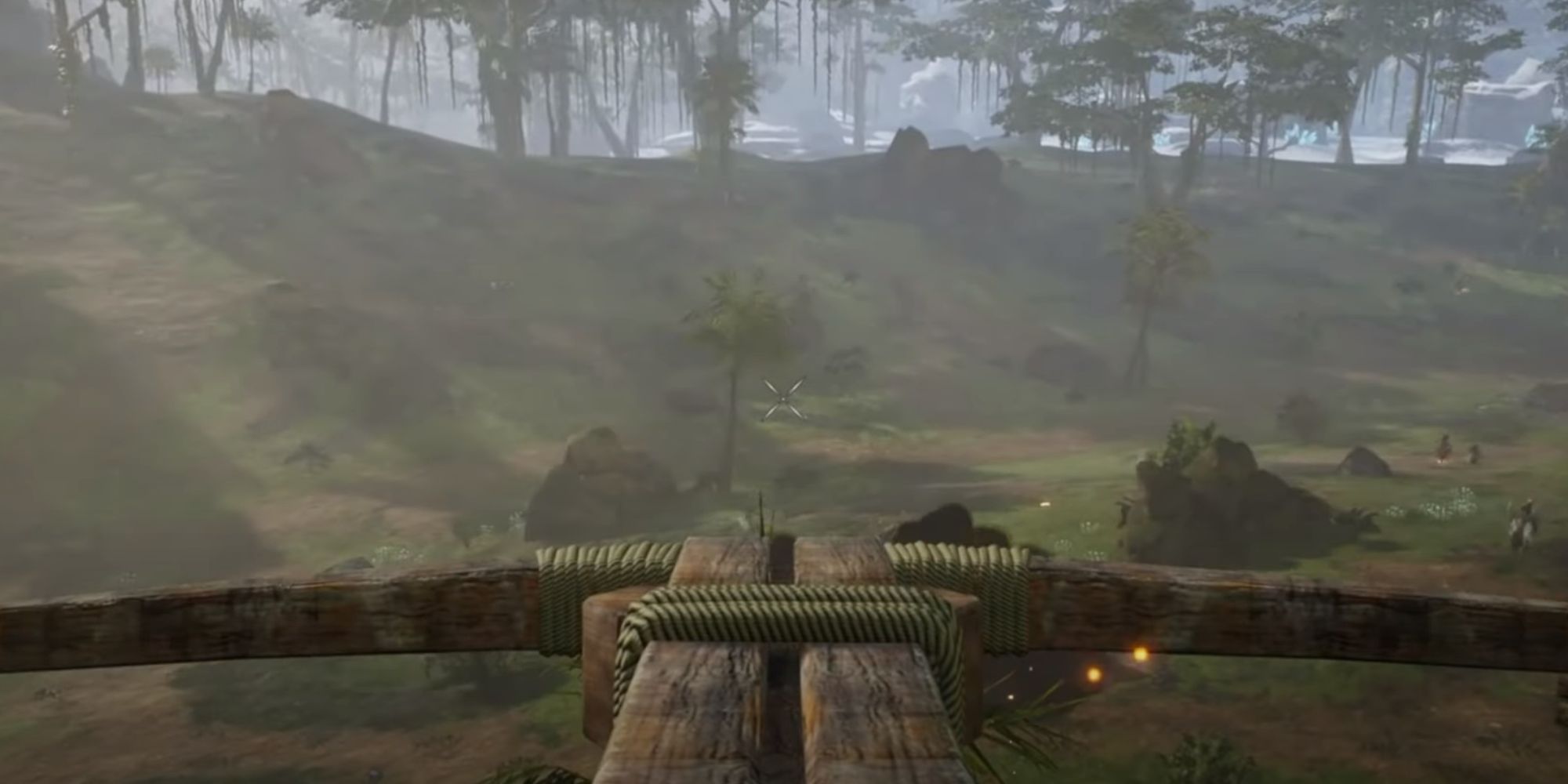 A player operating a wooden ballista in Ashes of Creation.