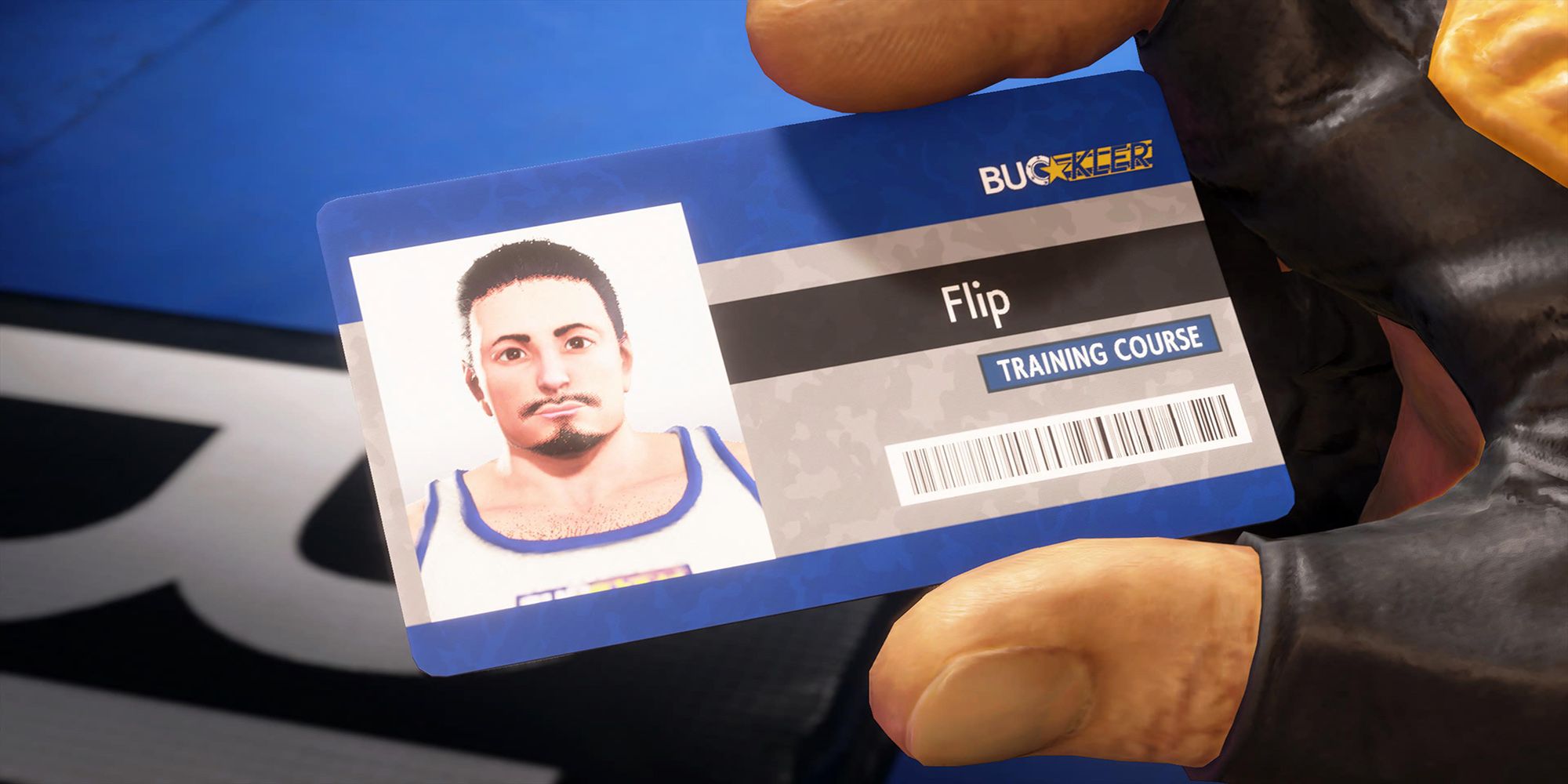 Luke inspects his latest recruit Flip's ID at the beginning of World Tour mode in Street Fighter 6.