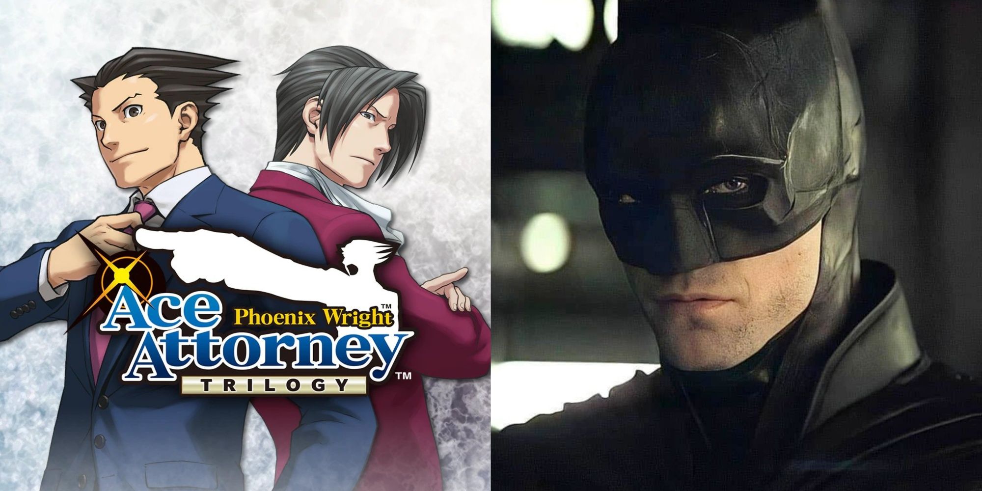 A collage of images showcasing Phoenix Wright and Miles Edgeworth from Ace Attorney and Robert Pattinson's Batman