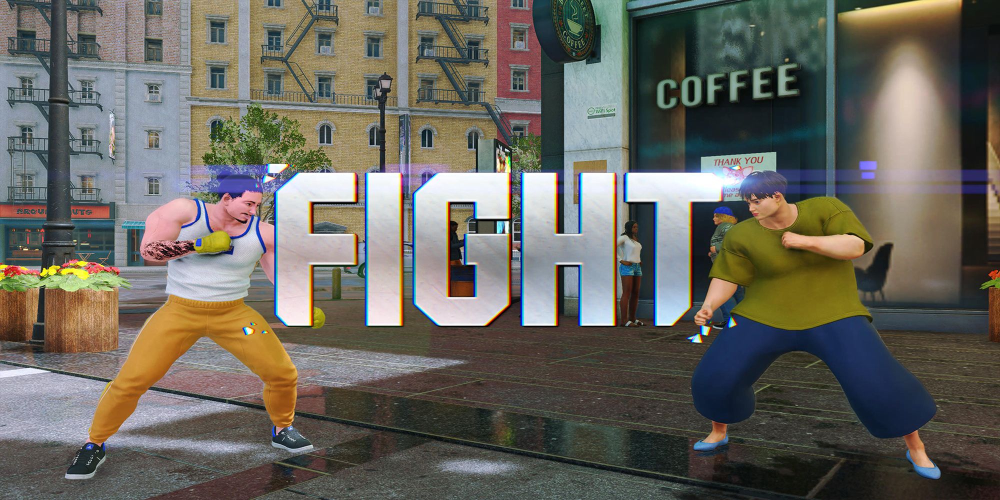 Flip begins an Avatar Battle against a woman in a green shirt in front of a coffee shop in Beat Square in Street Fighter 6.