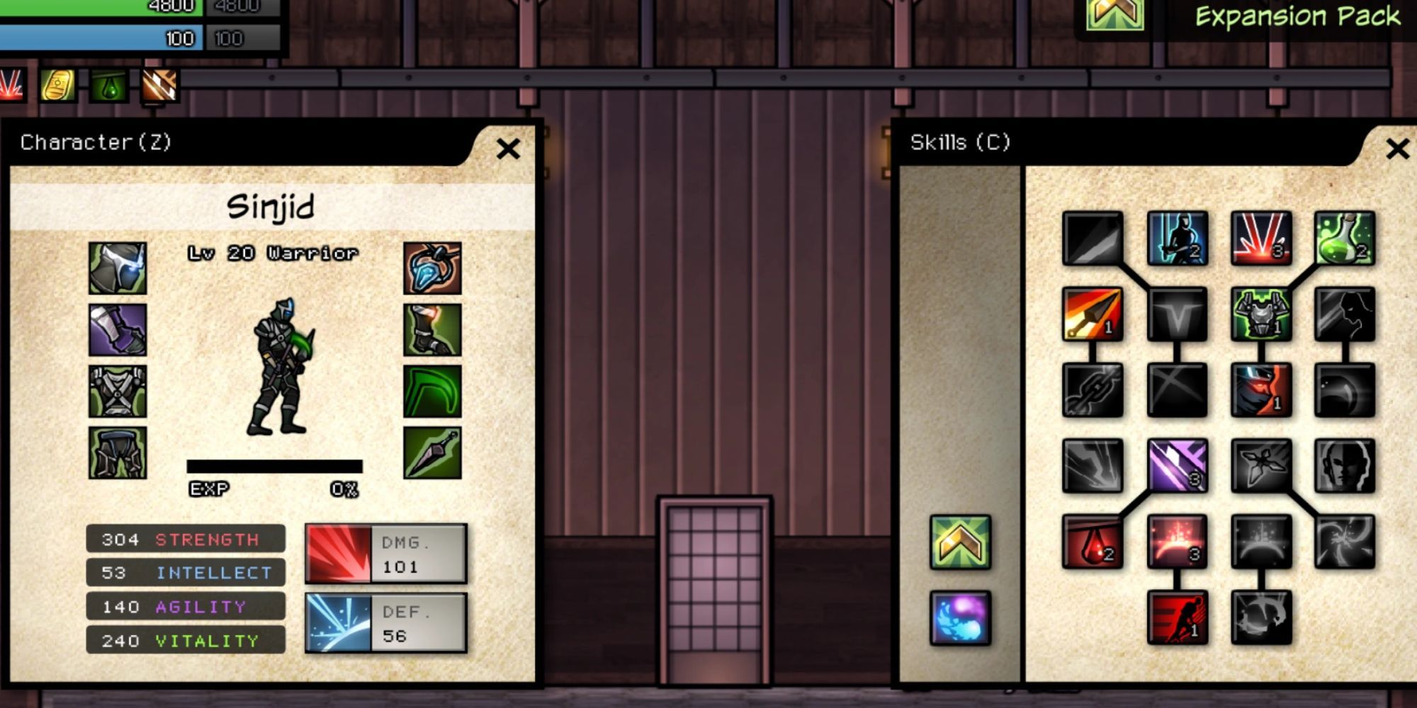 A stats and skills screen from flash RPG Sinjid - Shadow Of The Warrior.