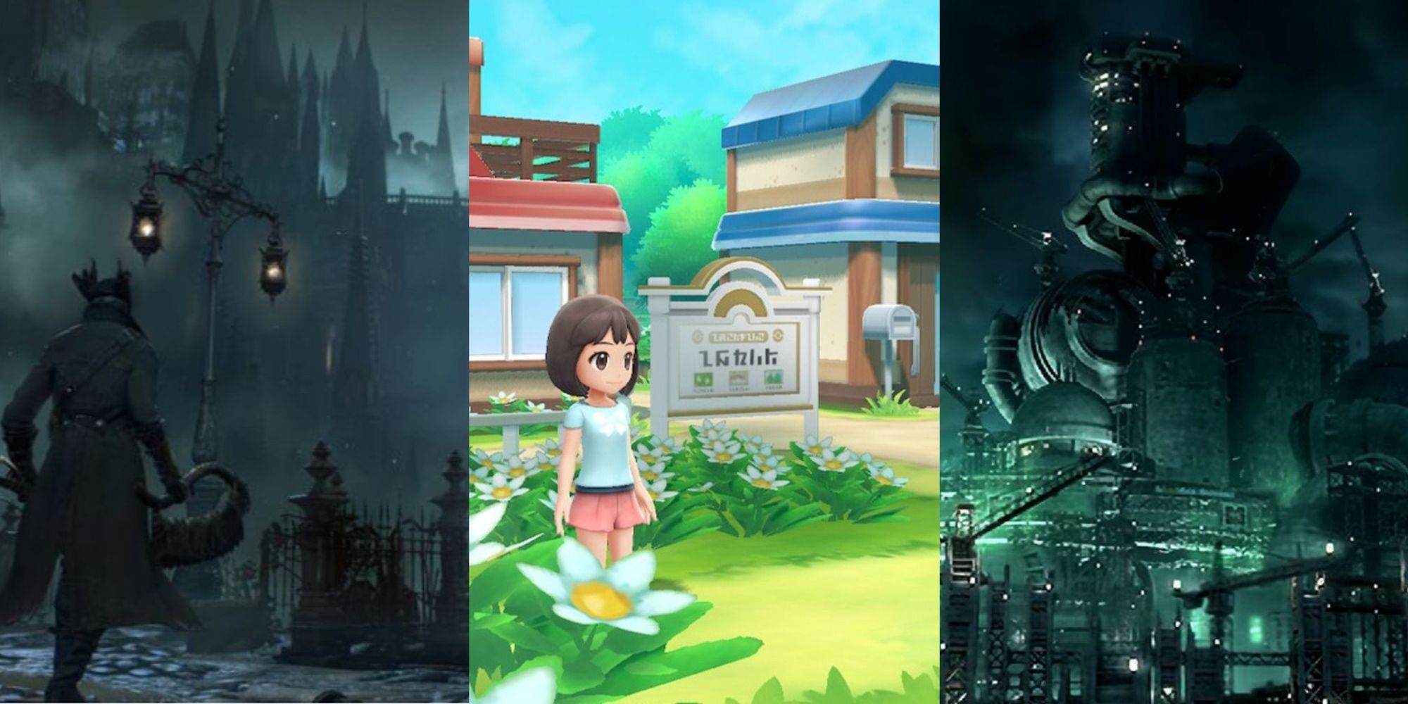 A hunting walking through Central Yharnam, a woman standing beside a flower in Pallet Town, and Midgar as seen in Crisis Core, left to right