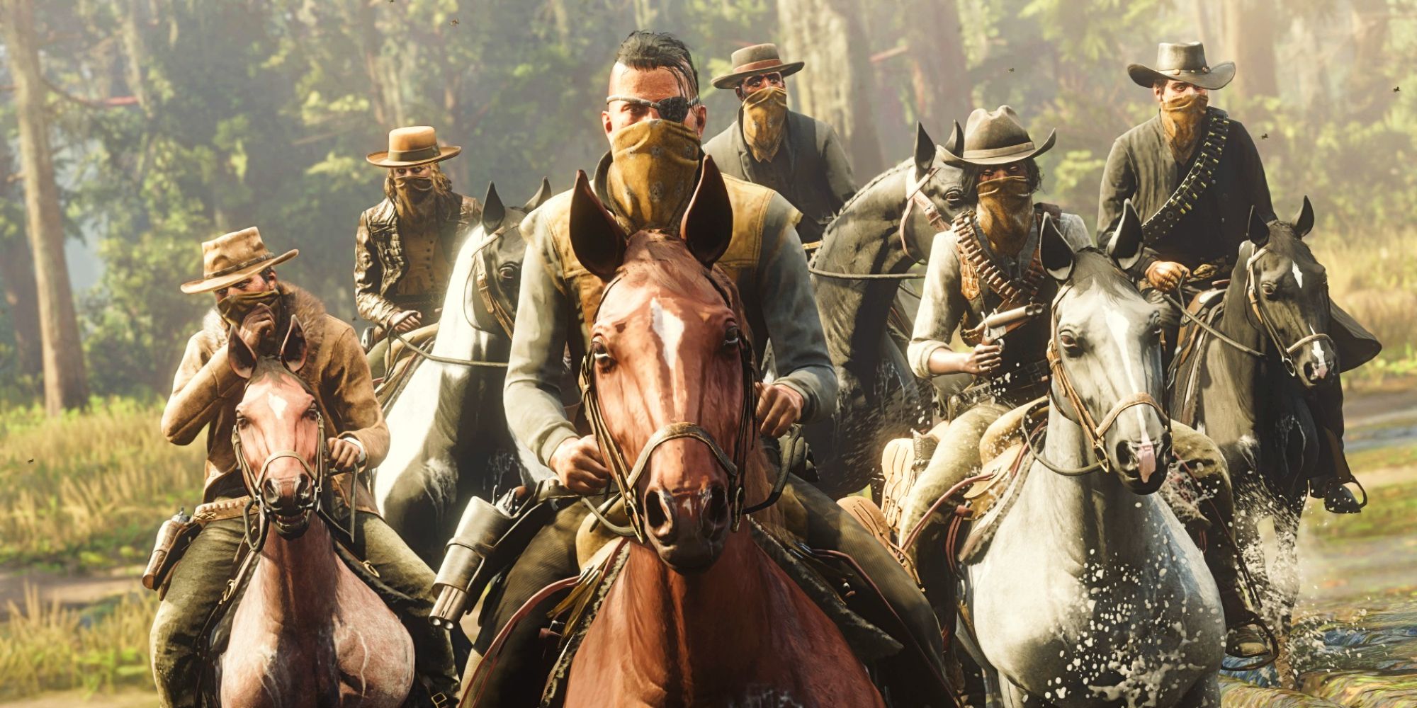 An image of a group of players riding their horses and completing a bounty in Red Dead Online. 