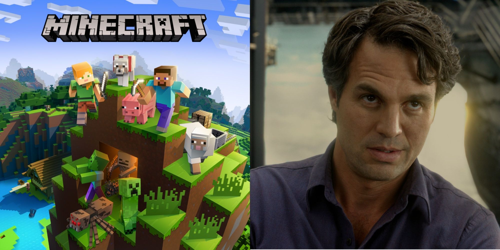 A collage of images featuring the Minecraft title scene and Mark Ruffalo as The Hulk