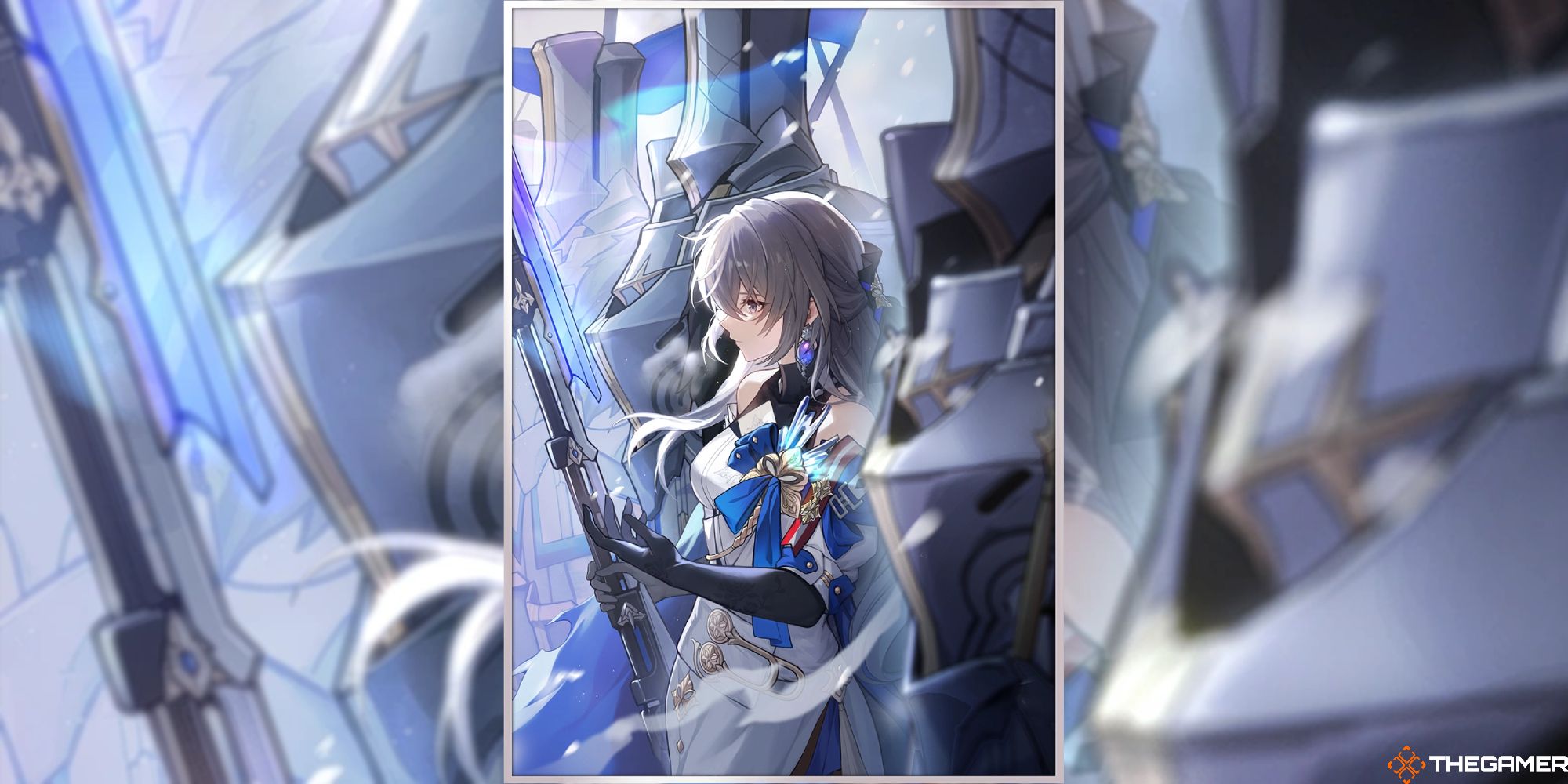 An image of the But The Battle Isn't Over Light Cone Artwork from Honkai Star Rail, which showcases Bronya standing on the battlefield with several soldiers