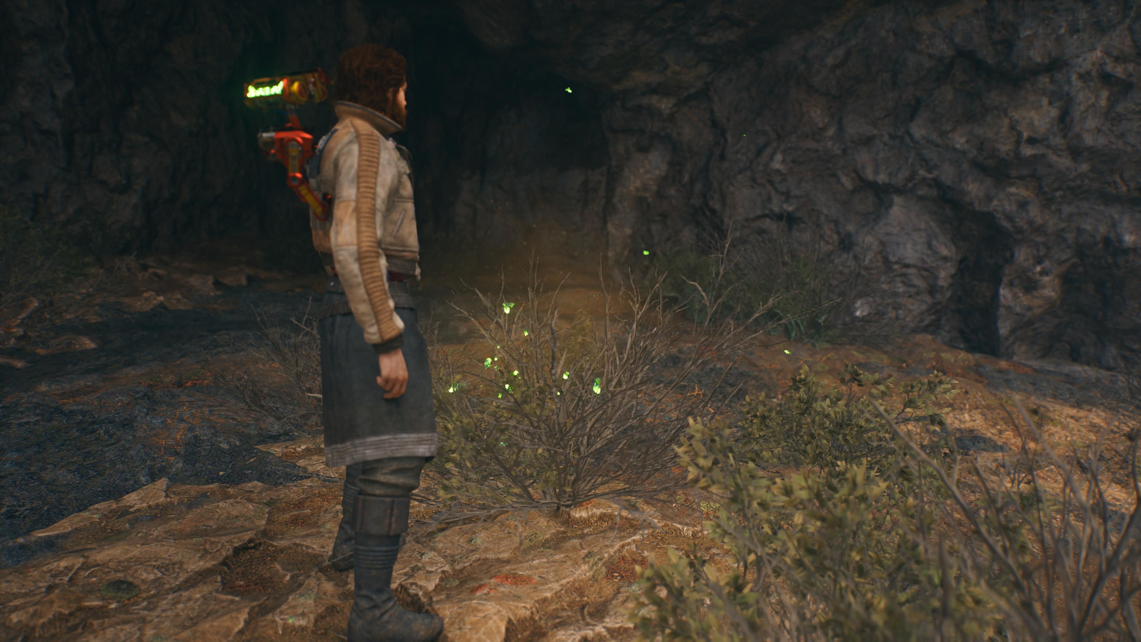 Cal in front of a bush to be harvested in the Derelict Dam in Jedi Survivor