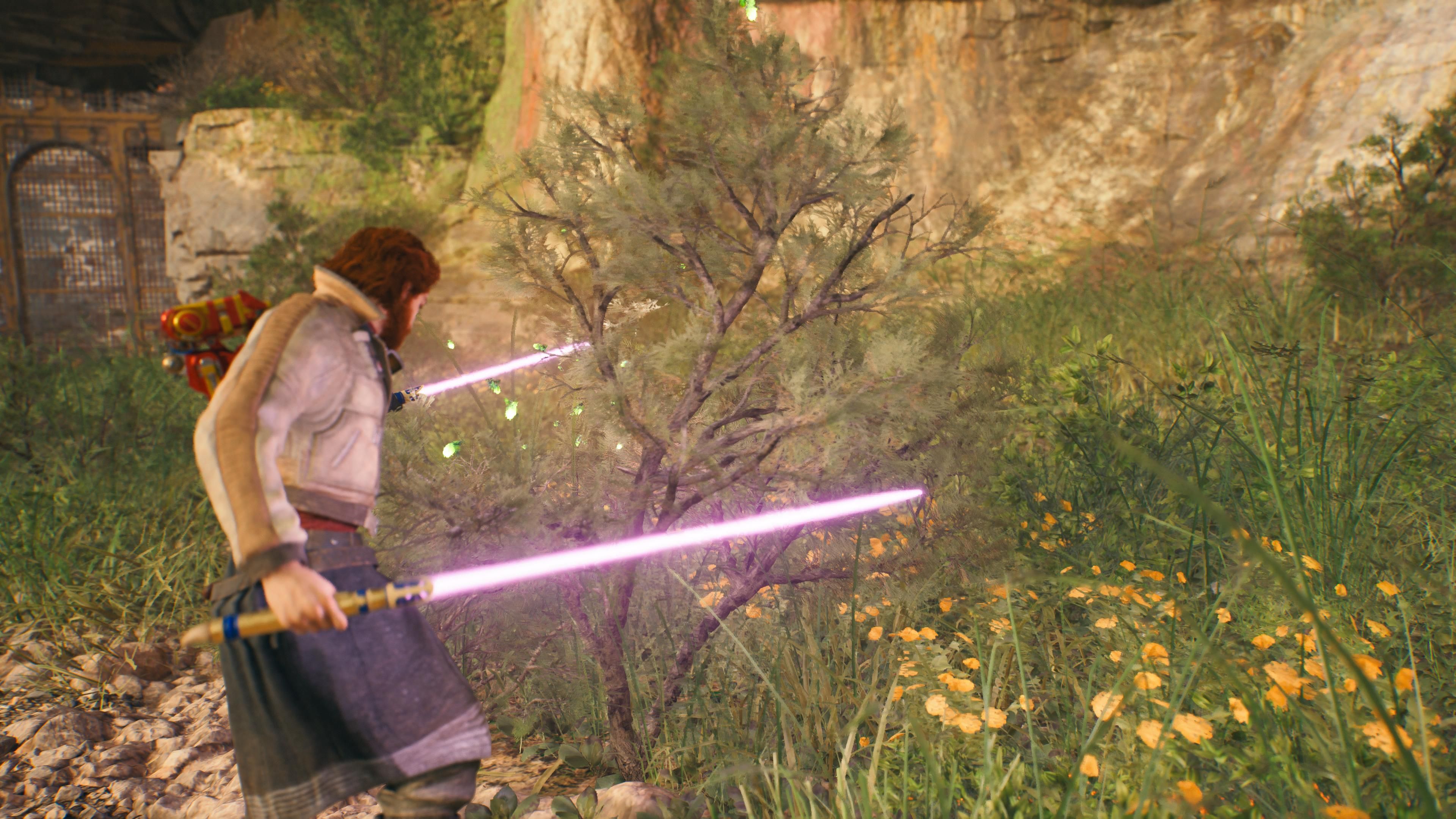 Cal in front of a bush to harvest for seed pods in Swindler's Wash in Jedi Survivor