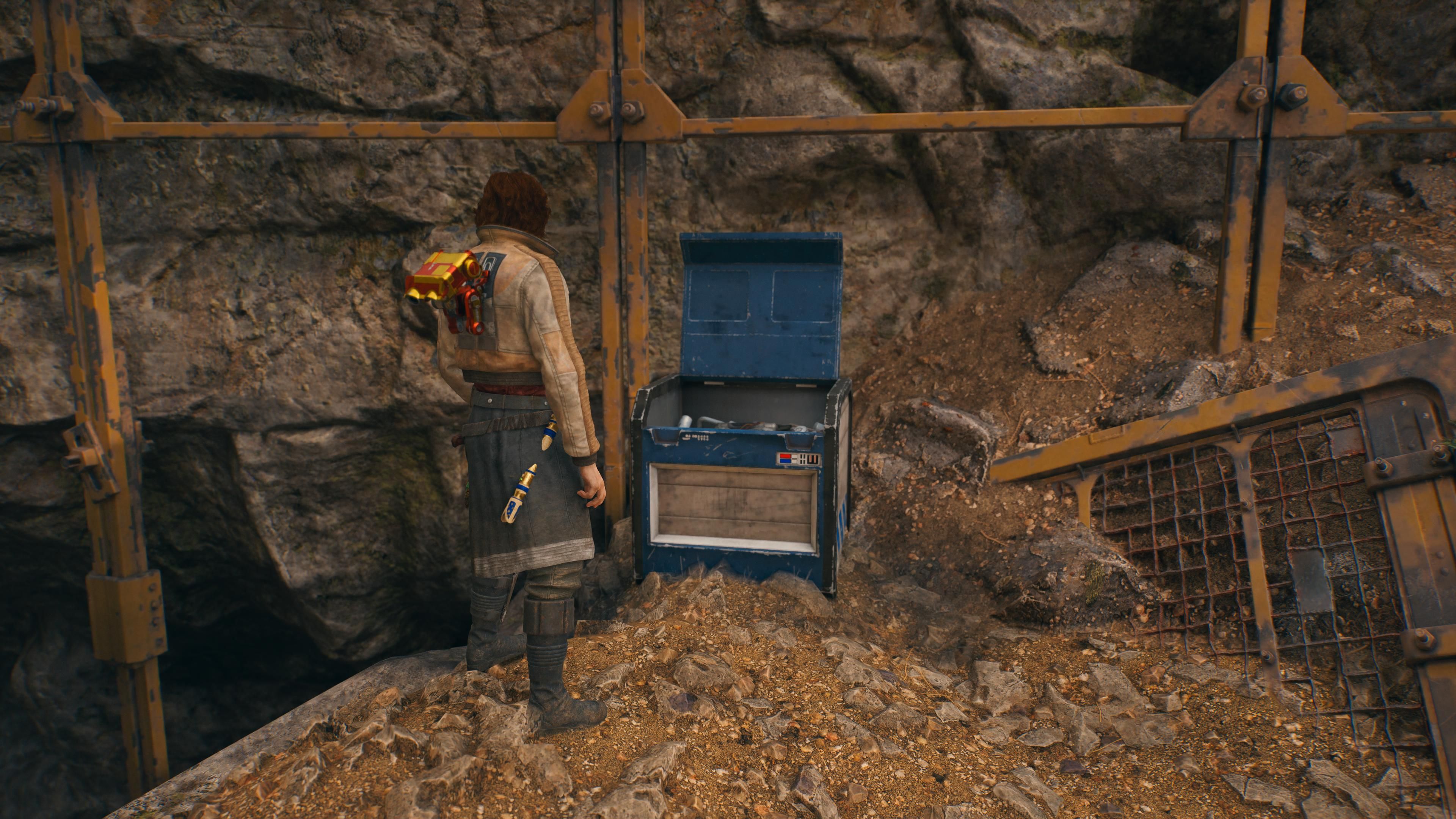 Cal in front of a chest in the Derelict Dam in Jedi Survivor
