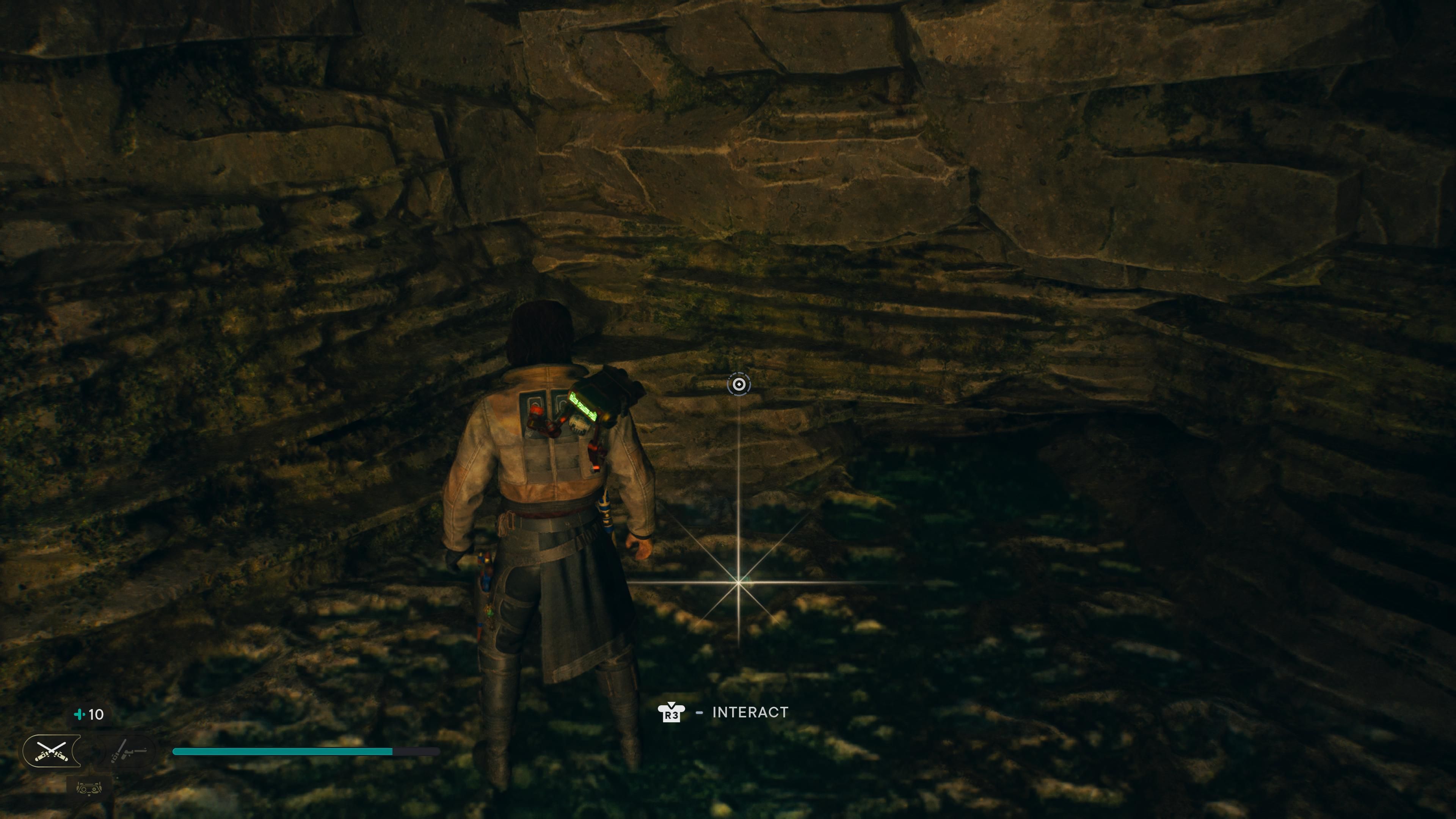 Cal in front of a priorite shard under a waterfall in Jedi Survivor