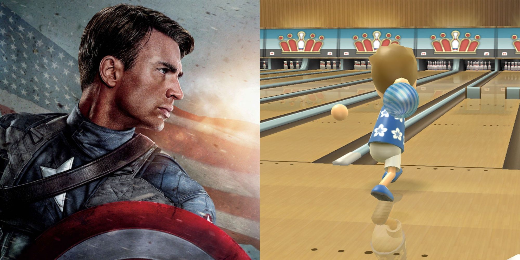 A collage of images featuring Chris Evans' Captain America and Wii Sports bowling
