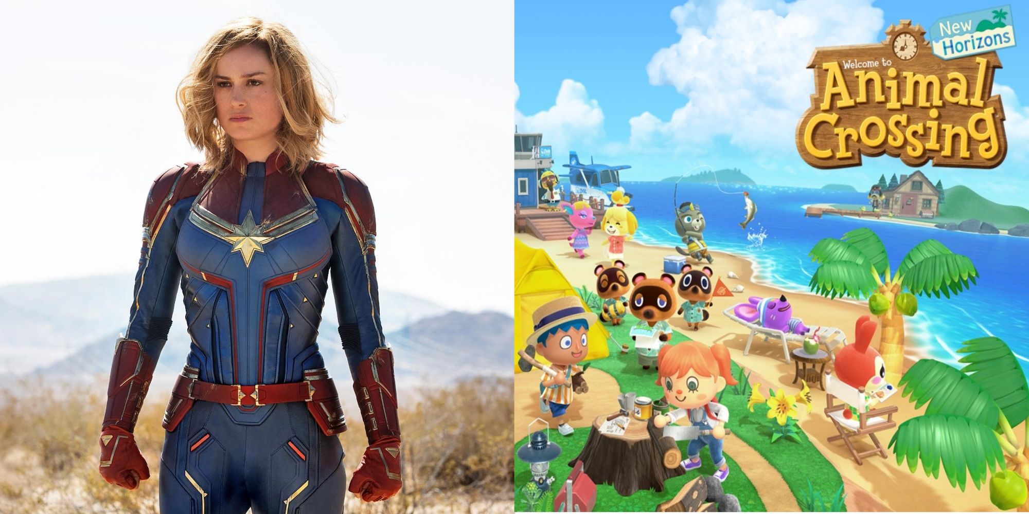 A collage of images showing Brie Larson as Captain Marvel posing and Animal Crossing New Horizons title screen