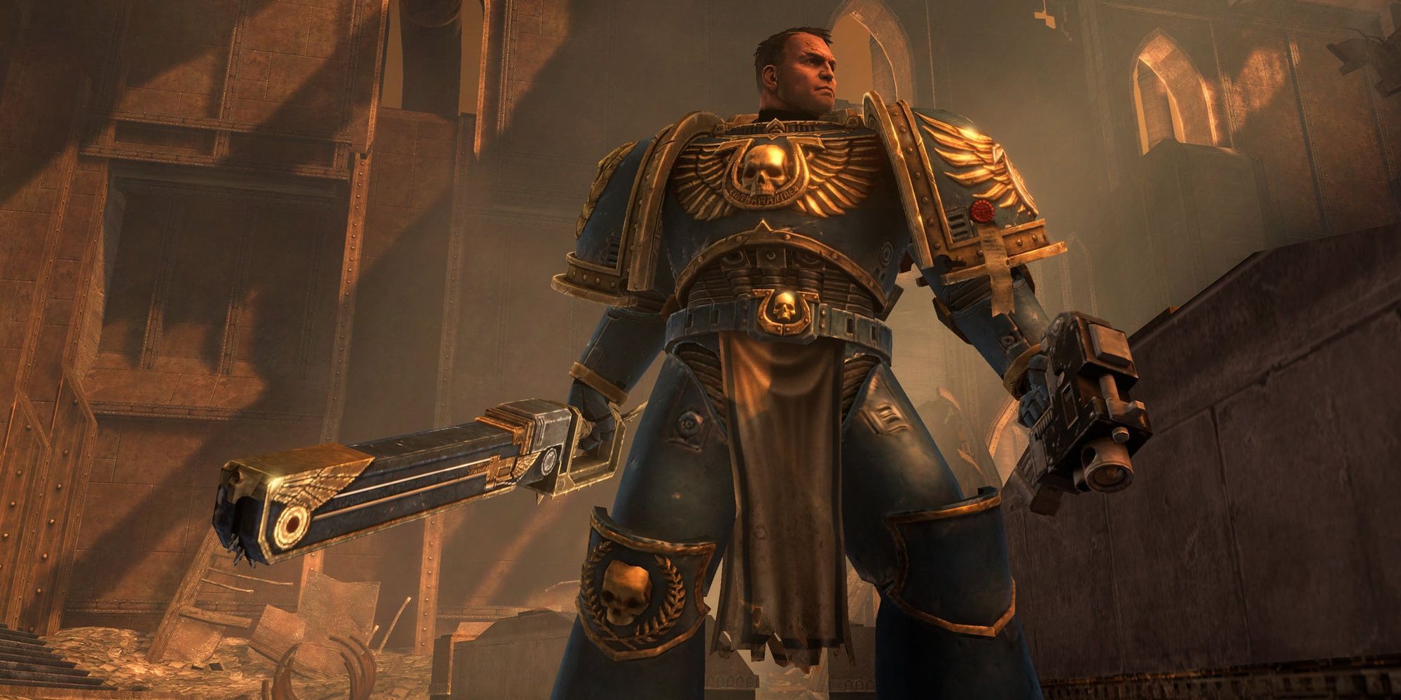 Captain Titus looking heroic in the sunlight in armor and wielding a chainsword.