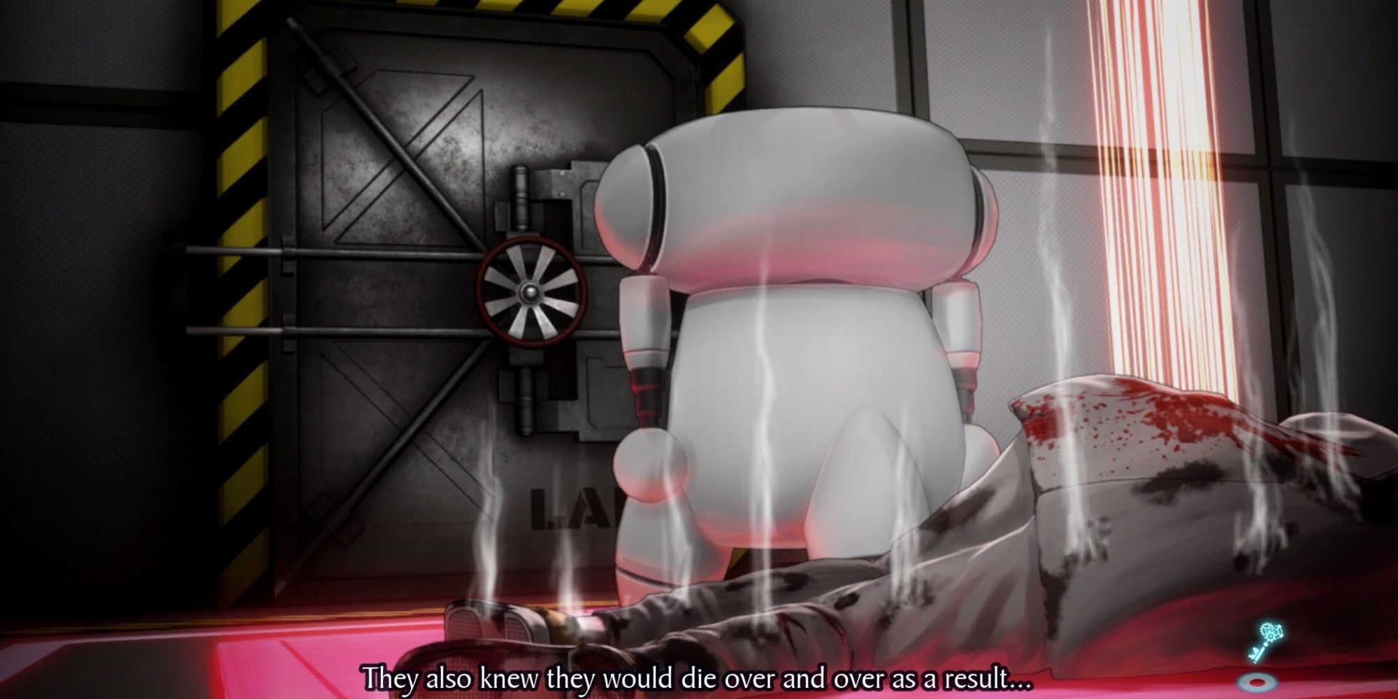 An AMA-PAL robot approaching a door with a dead body behind it in Rain Code