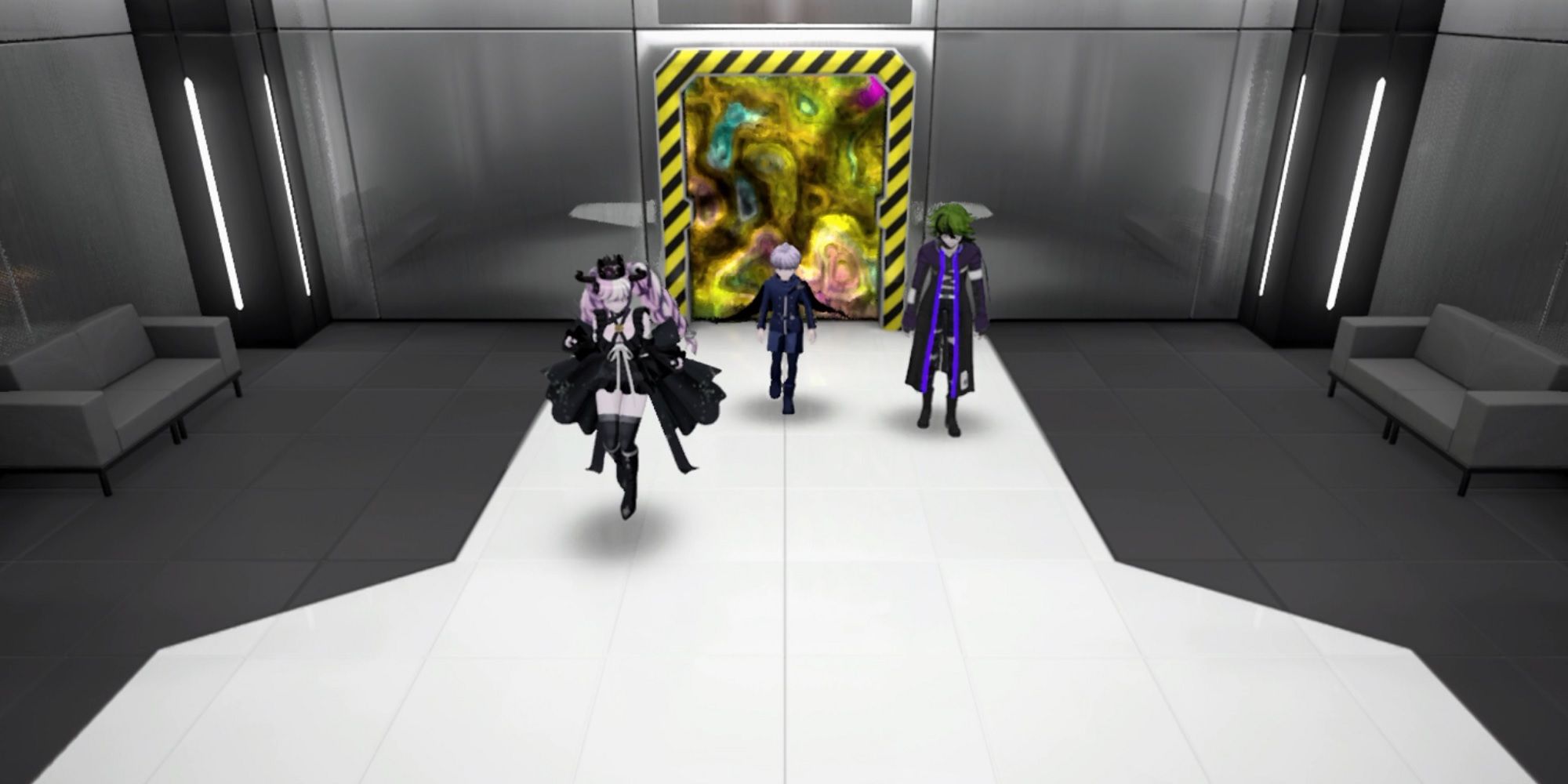 Yuma, Shinigami, and Vivia exiting a Mystery Labyrinth door and entering a new room