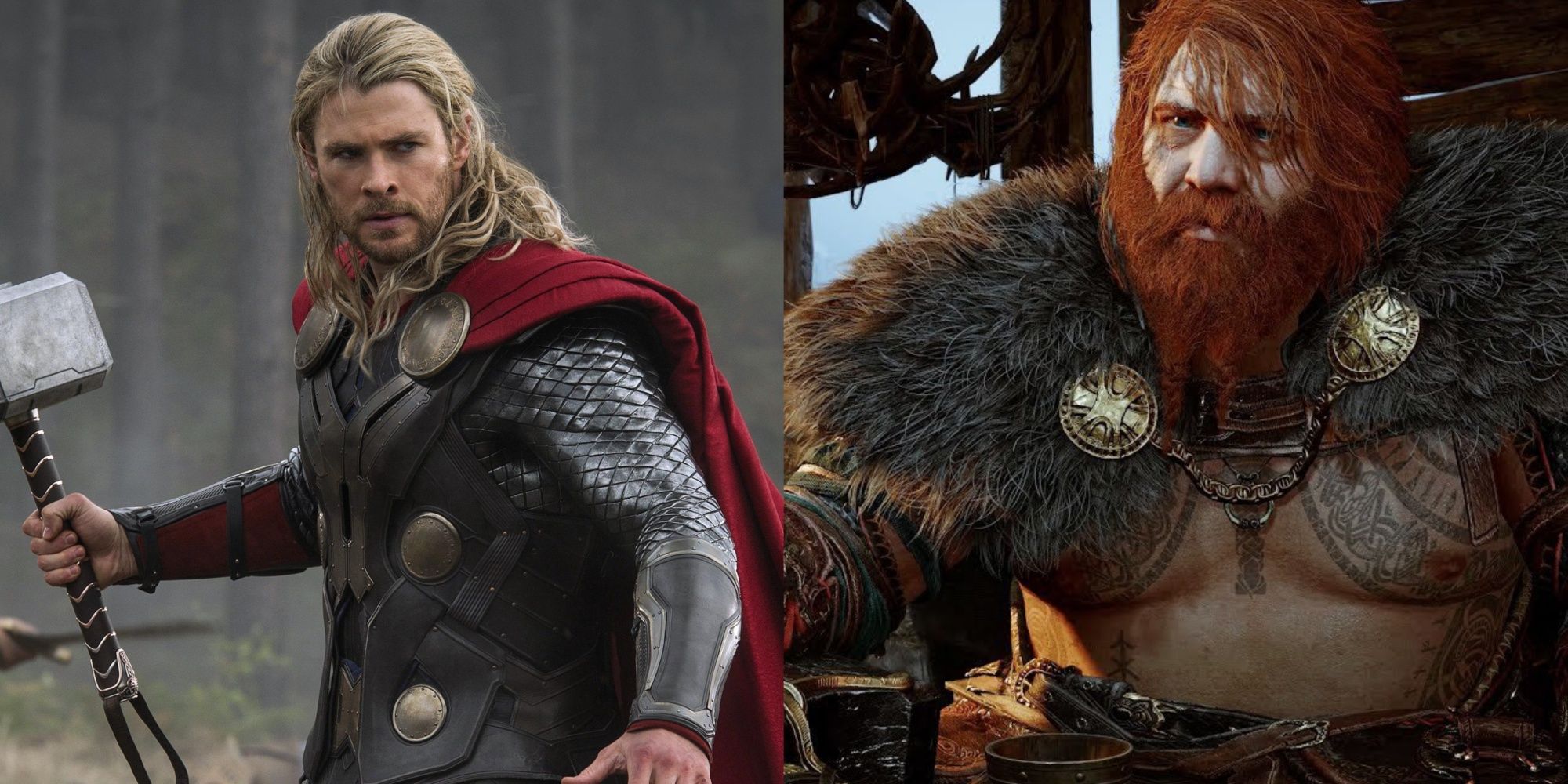 A collage of images featuring Chris Hemsworth as Thor and God of War Ragnarok Thor