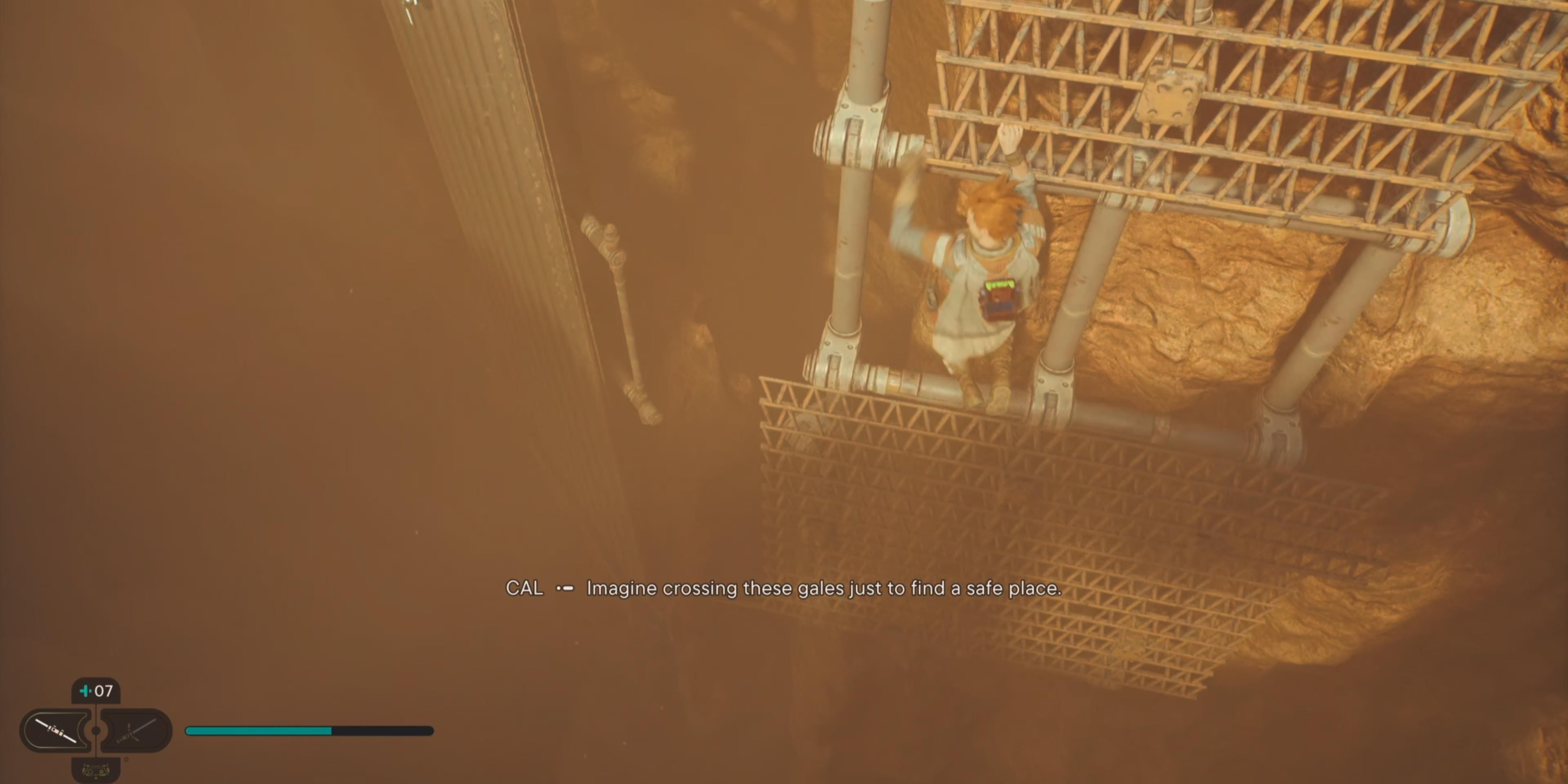 Climbing on grate and then dropping to metal bar in wind