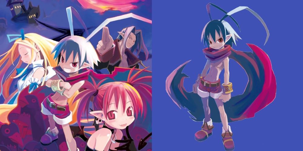 Side by side images of Laharl, Etna, Flonne, and Mid Boss and character art of Laharl