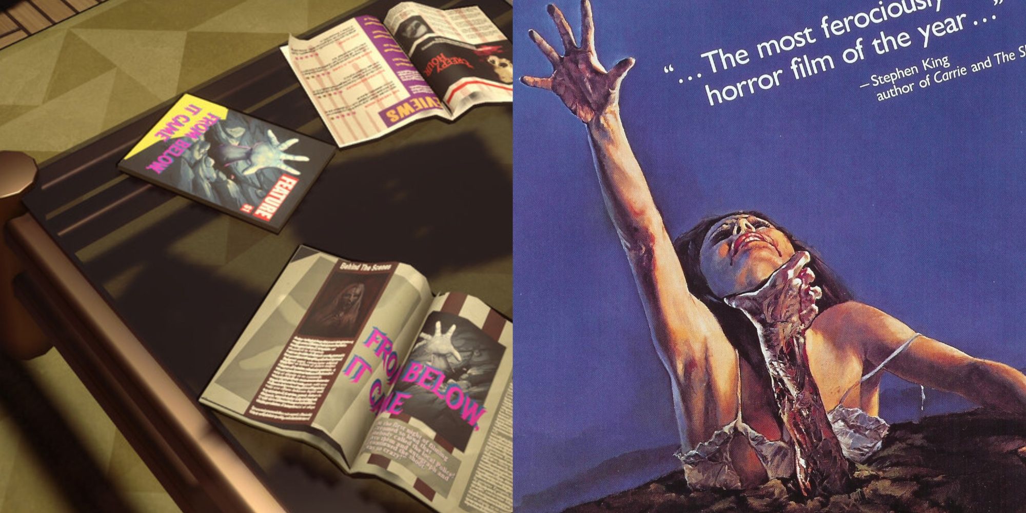 A split-image of two magazines with a hand rising from the ground in a film called "From Below It Came" juxtaposed with the artwork for The Evil Dead with the woman's arm reaching toward the air and a second arm rising from the ground.