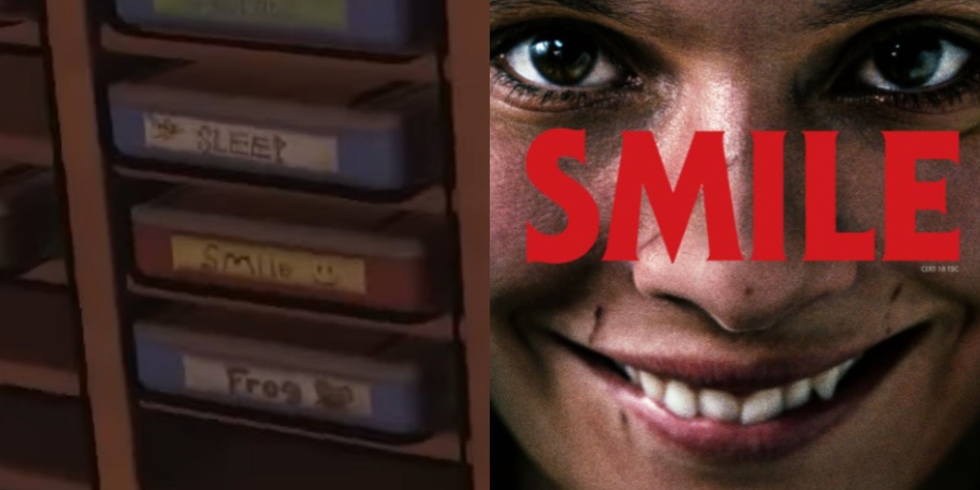 A split-image of a cassette tape with "Smile :)" written on its yellow tape band and a poster for the movie with the title and creepy smiling character.