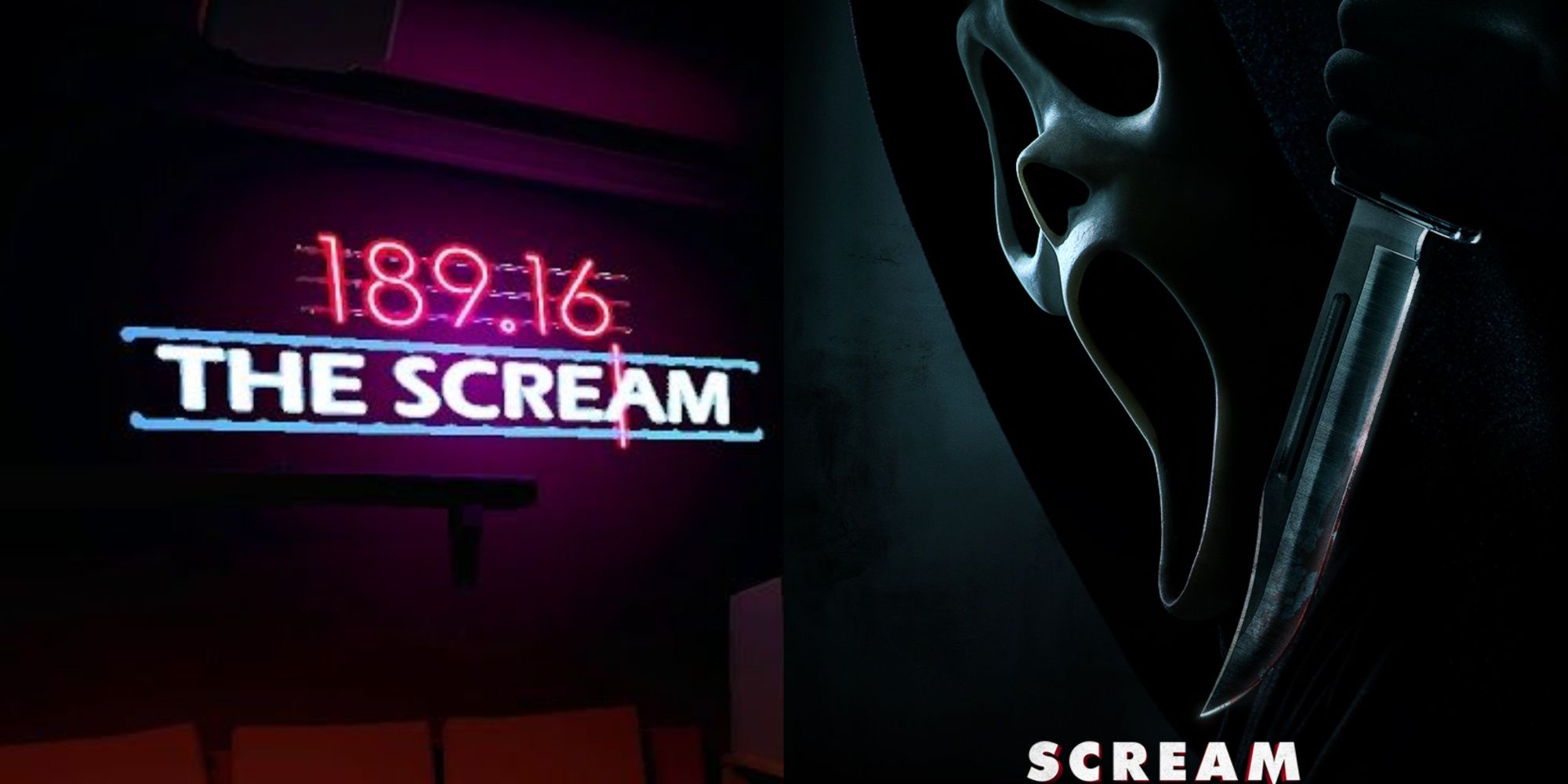A split-image of the original title of the radio station in the early version of Killer Frequency and the poster of Ghostface with a knife for Scream 5.