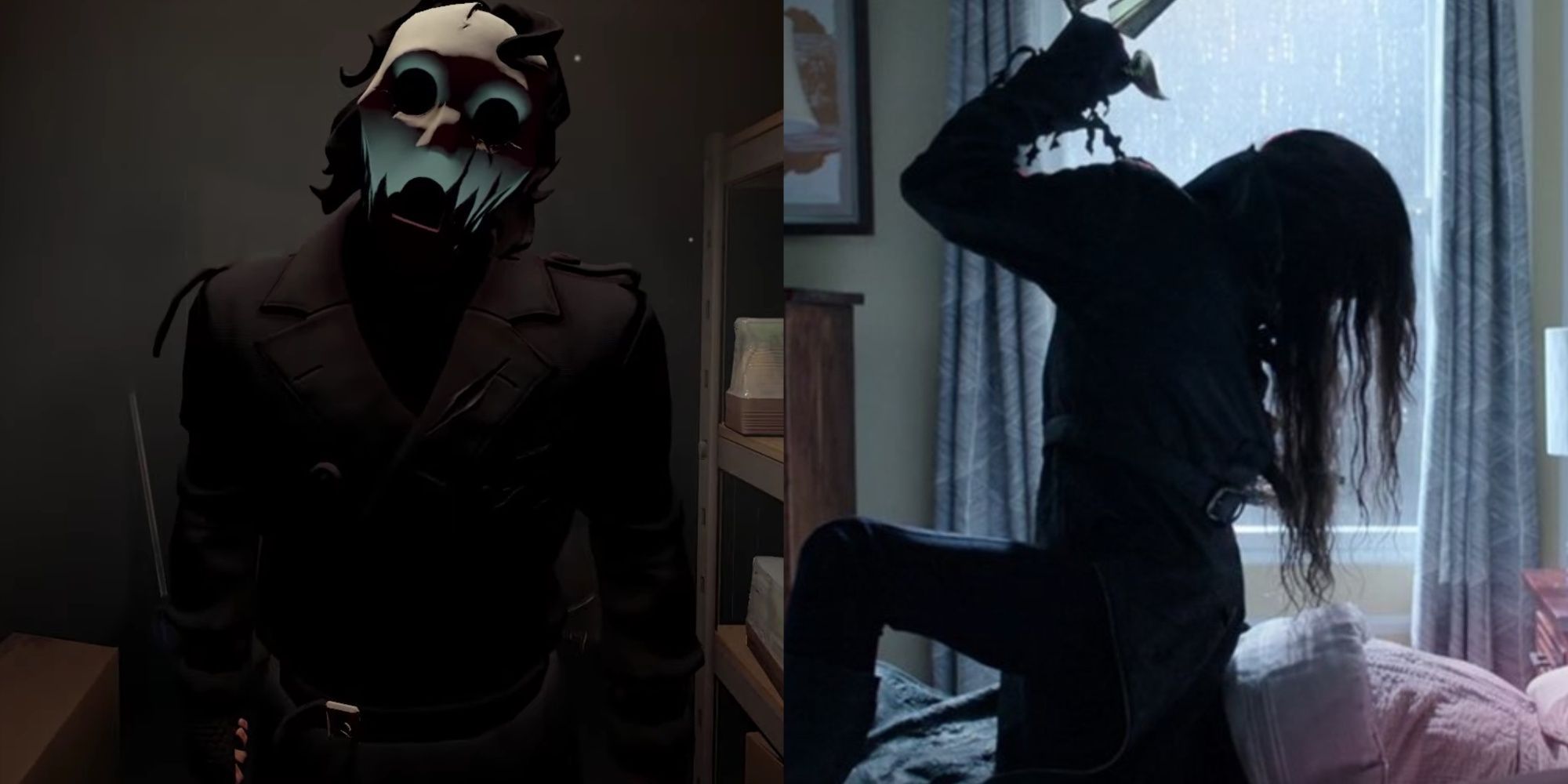 A side-by-side of the outfit the killer wears in Killer Frequency and the outfit Gabriel has on while he wields a sharp object on a victim's bed in Malignant.