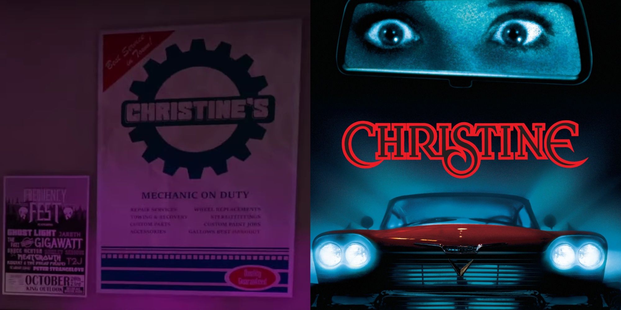 A split-image of a poster for a mechanic at a shop called "Christine's," and a movie poster for the John Carpenter 1983 film with the car and face in the mirror.