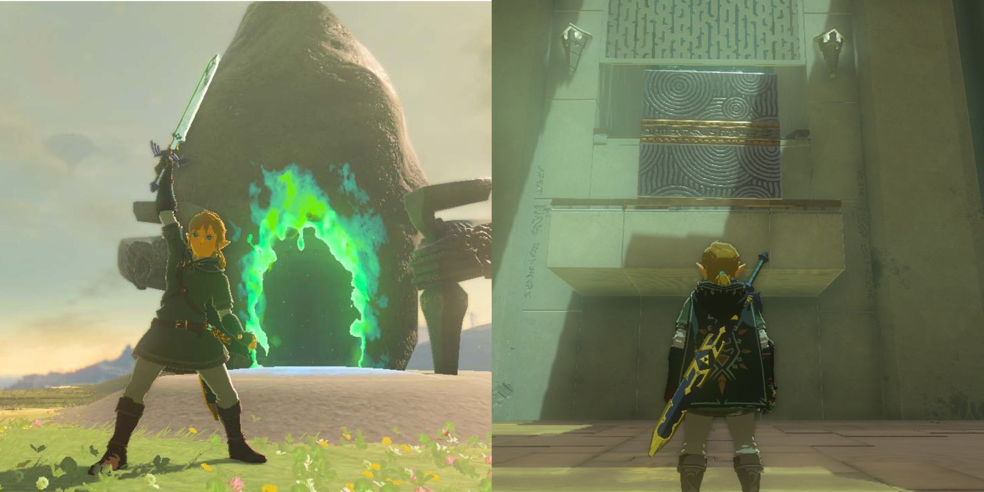 The Legend of Zelda: Tears of the Kingdom - Link stands in front of Sonapan Shrine (left) and shows the inside of the first puzzle (right).