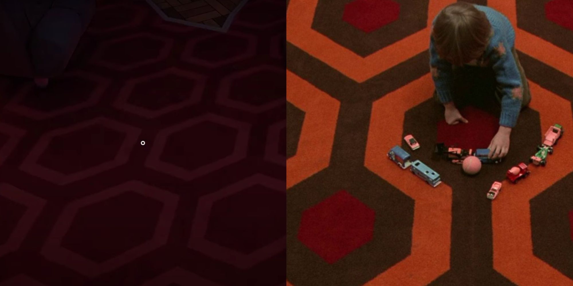 A split-image of The Shining carpet as it appears in the lobby section of the station in Killer Frequency and Danny Torrance playing with cars on the carpet in the film.