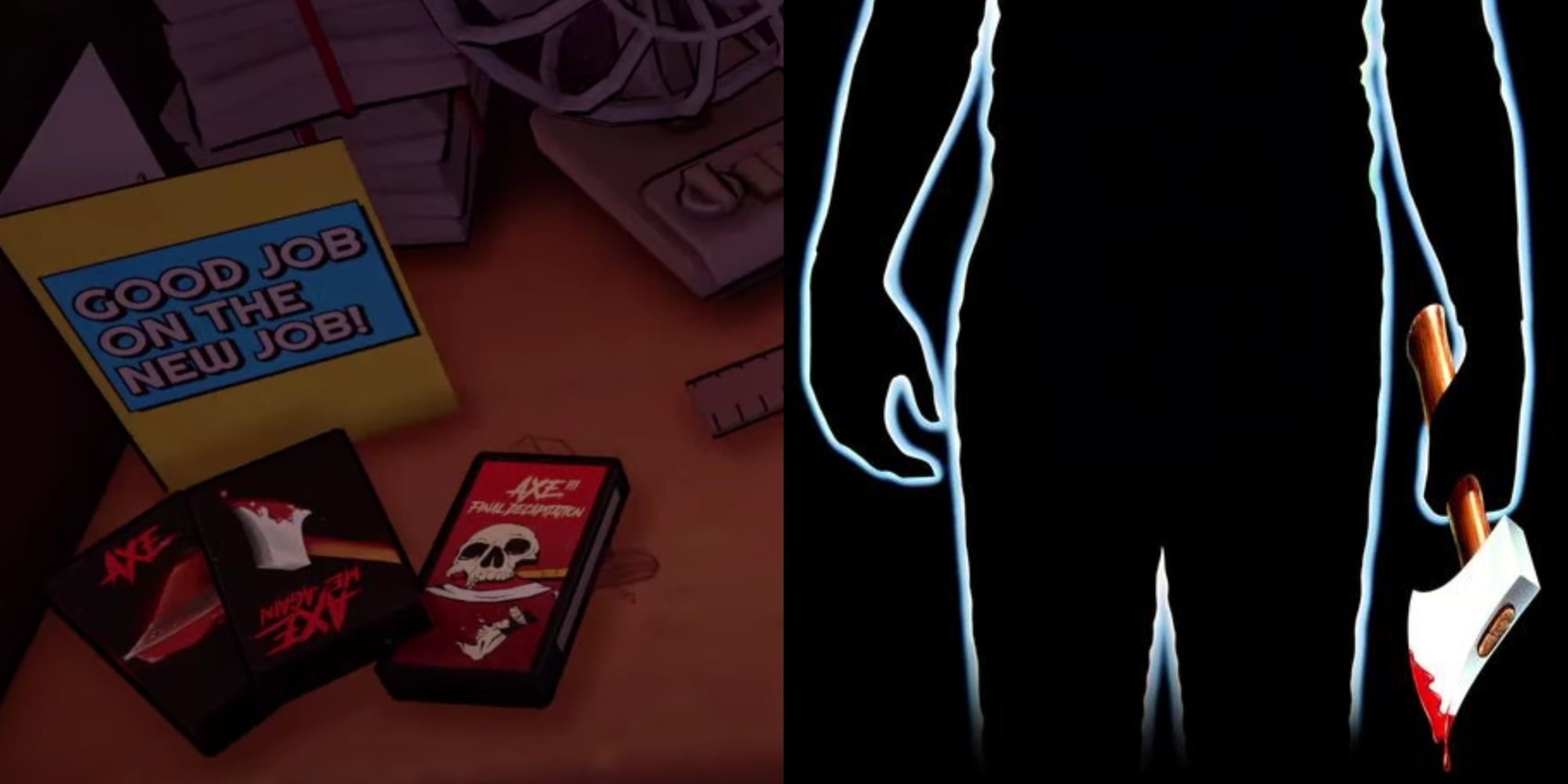A split-image of a VHS tape with the exact black background and bloody edge of an axe sitting on a workbench in Killer Frequency and the artwork with the similar axe for Friday the 13th Part 2.