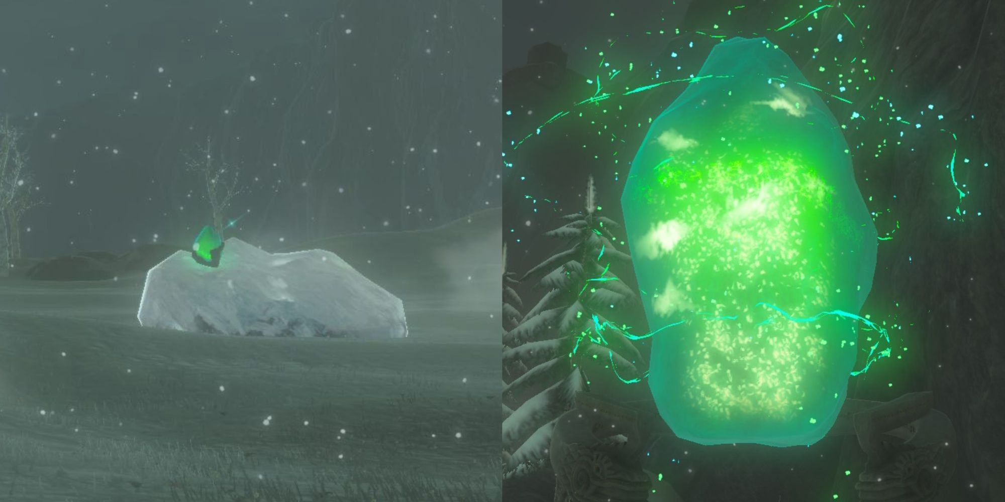 A frost talus has a shrine crystal (left) and the Sisuran Shrine entrance in Legend of Zelda: Tears of the Kingdom