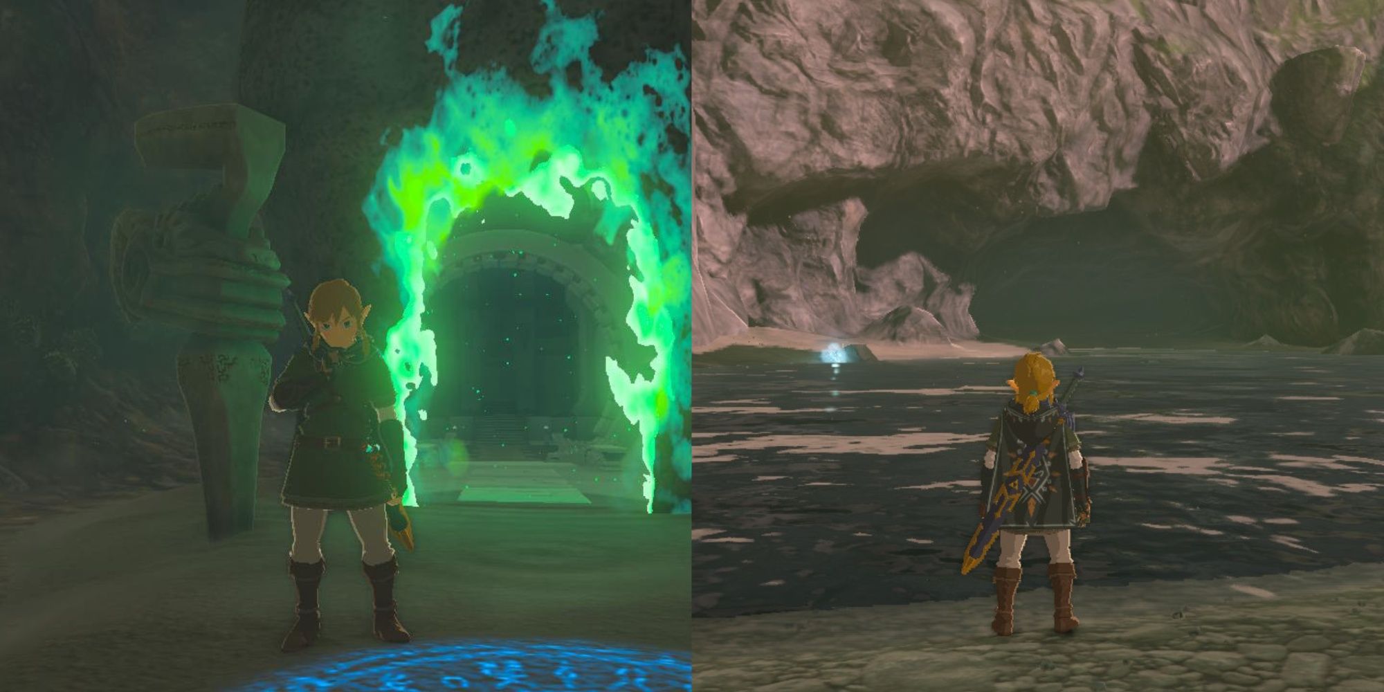Link stands outside of Oakle's Navel and Tokiy Shrine in Legend of Zelda: Tears of the Kingdom