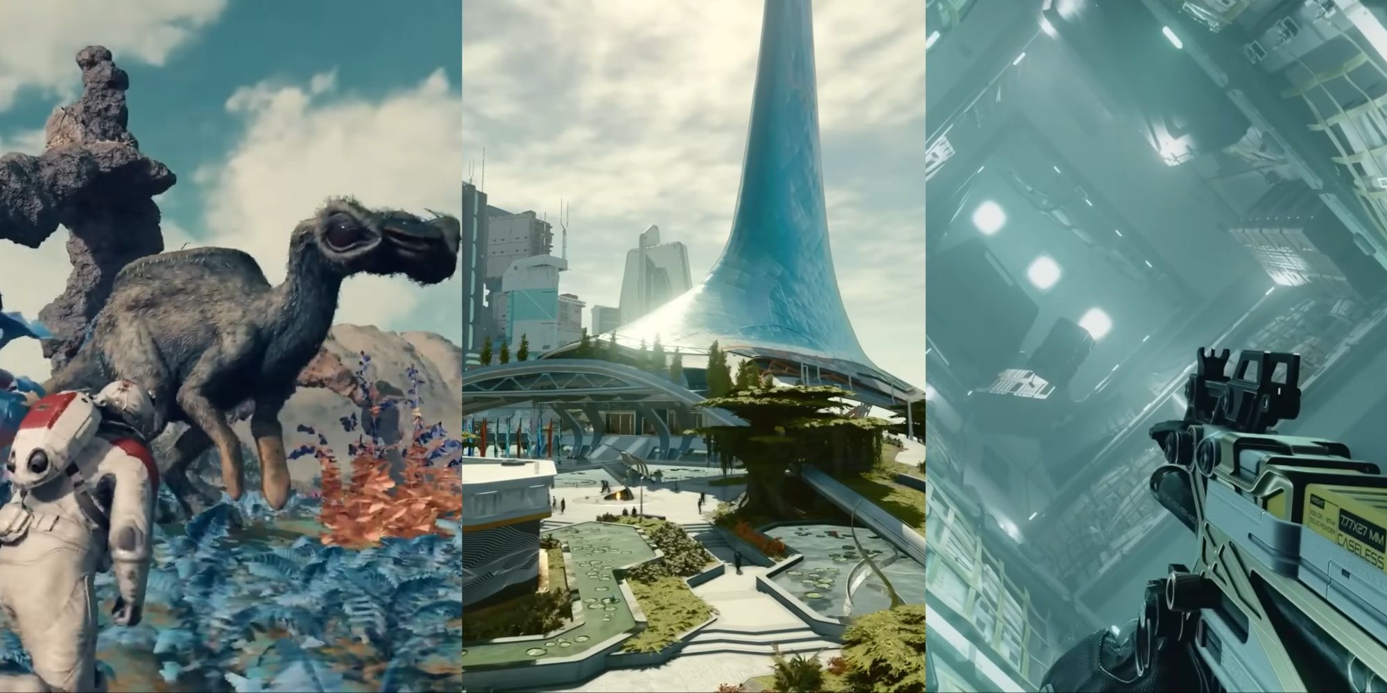 A three-image collage of interesting creatures grazing near blue bushes in a Starfield planet, an exterior view of New Atlantis' landscape, and a first-person view of the character in a zero-gravity space station.