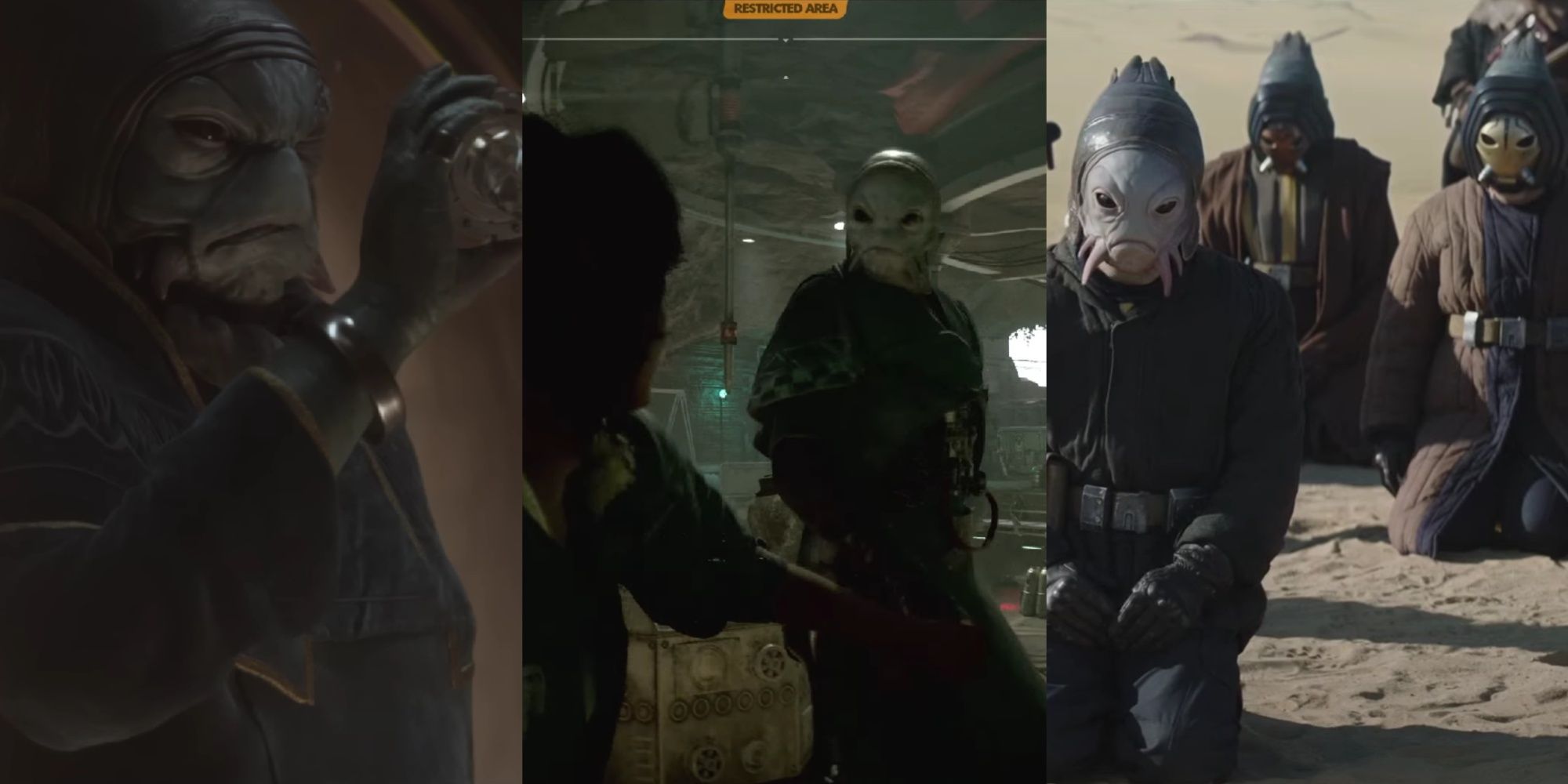 A three-image collage of a Pyke leader holding and examining an object, Kay about to punch and knock out a Pyke, and the Pykes kneeling in front of Boba Fett in The Book of Boba Fett.
