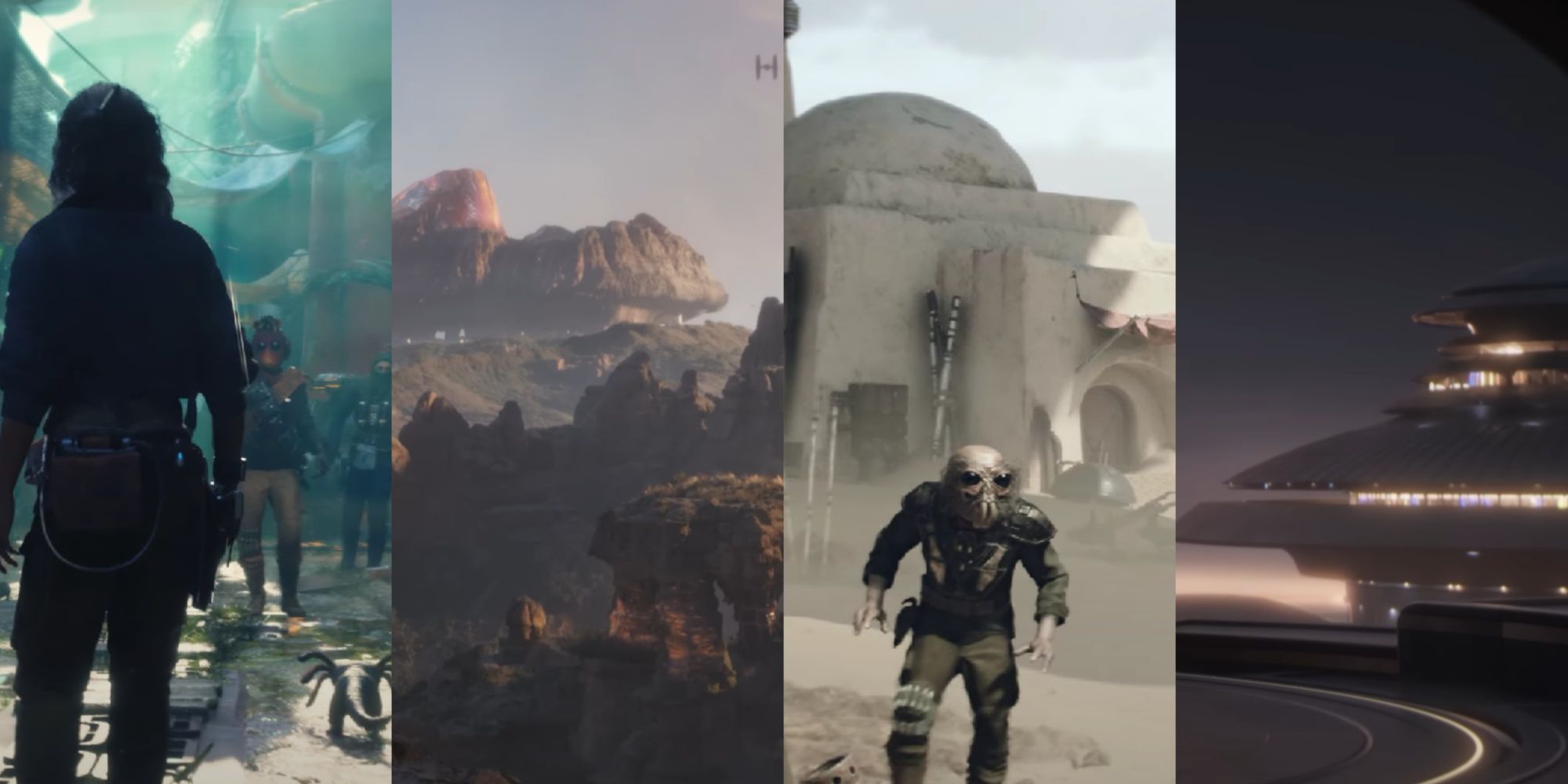 A four-image collage of Kay and Nix walking along a hazy blue planetary market square, exterior of a mushroom-capped mountain with a TIE fighter in the distance, an NPC standing in front of a Tatooine-like structure, and view of a planet with glossy black domes and lights.