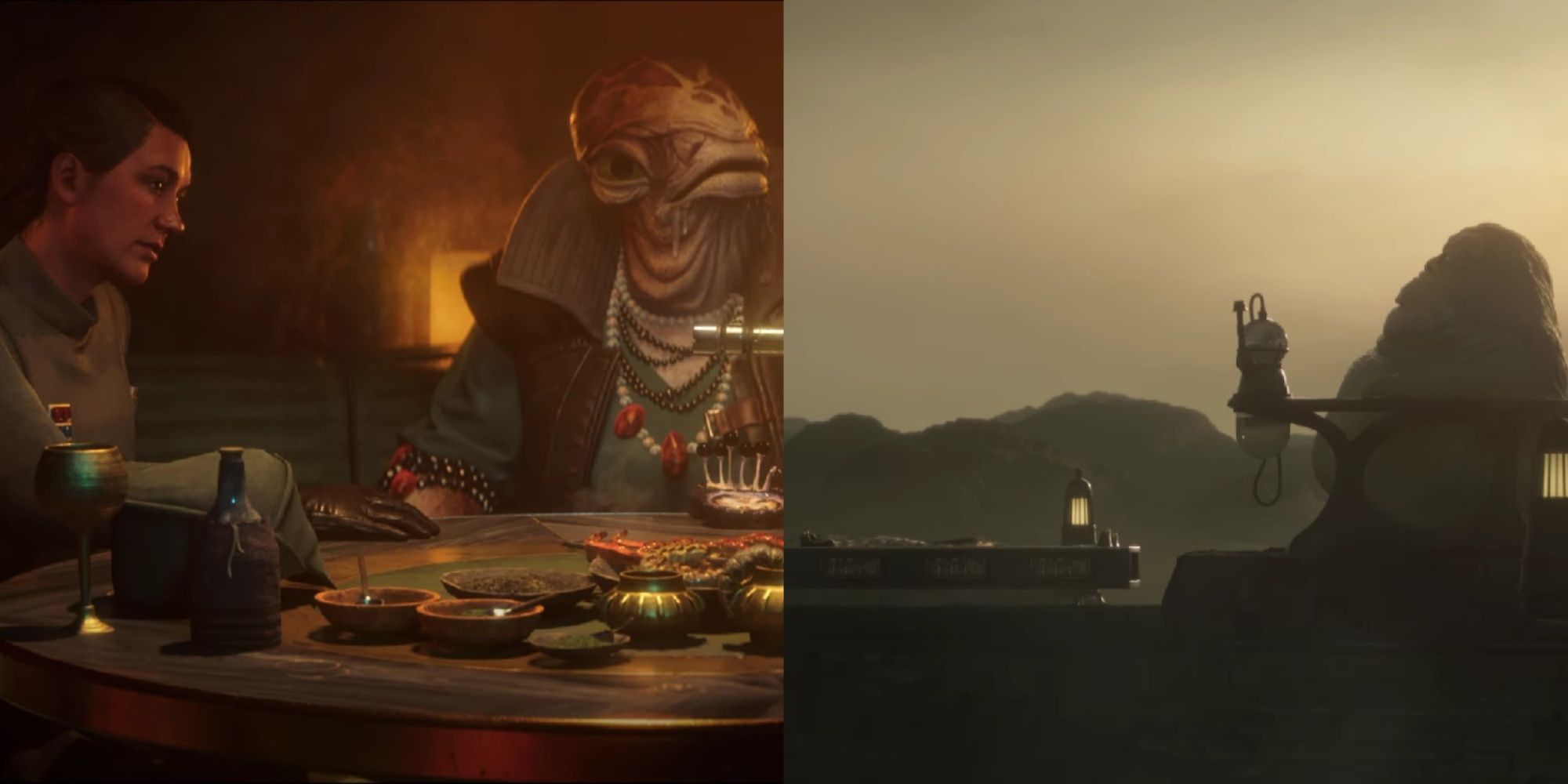 A split-image of Danka siting next to an Imperial Officer as Kay points her blaster at the officer from the gameplay, and Han Solo in Carbonite with Jabba from the trailer.