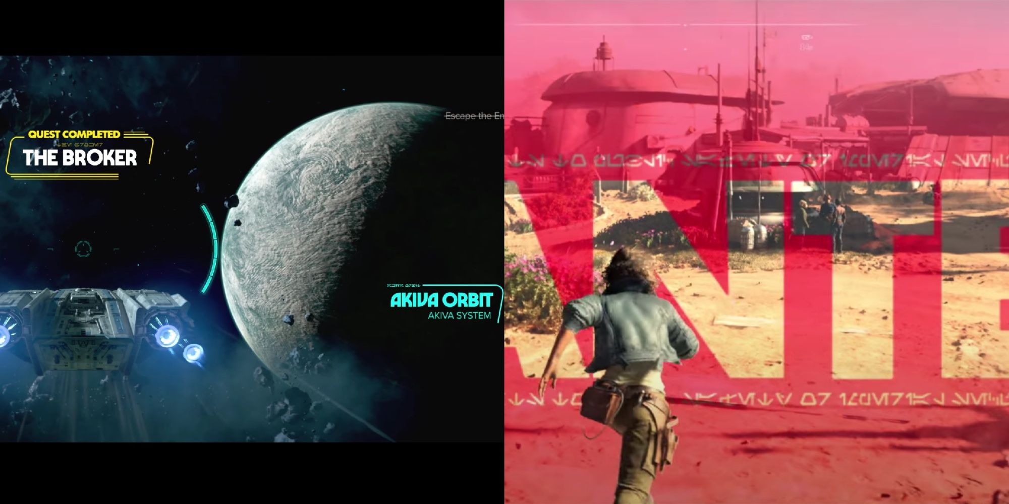 A split-image of title cards for the completed mission and planet while Kay's ship is in orbit and the title card for the wanted level system in Outlaws.