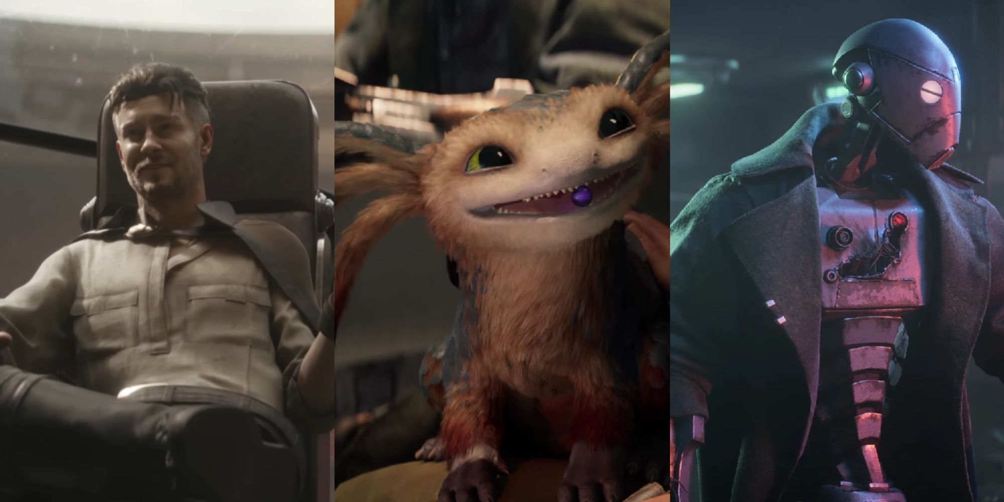 A three-image collage of Jaylen convincing Kay to do another job, Nix on Kay's lap smiling and having a piece of purple orb in mouth, and ND-5 in a coat with an exposed scar.
