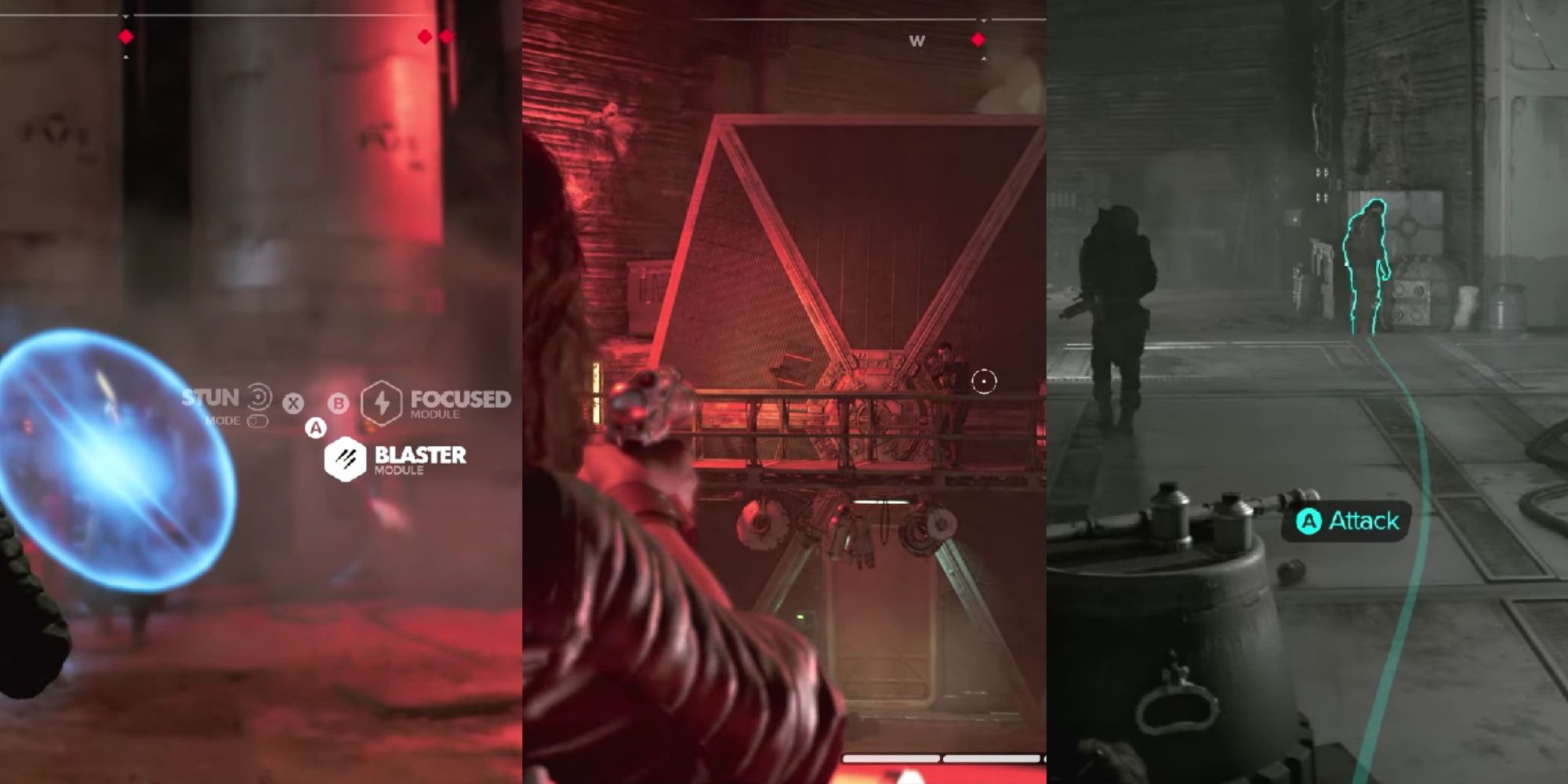 A three-image collage of Kay's blaster module abilities going up against an enemy with a shield, an over-the-shoulder perspective about to fire a blaster, and command trajectory line for Nix to attack a Pyke guard.