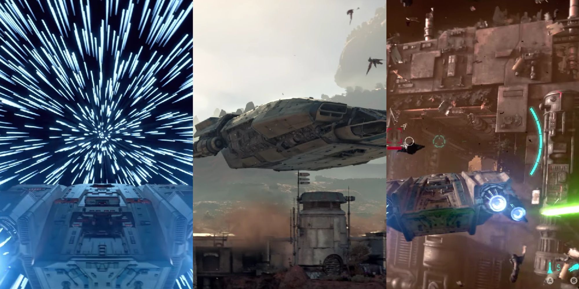 A three-image collage of Kay's ship warping into hyperspace, the ship taking off from Toshara, and engaging in a dogfight with TIE fighters.