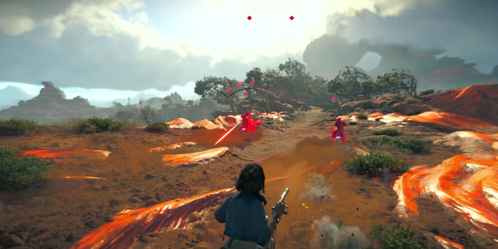 Kay Vess on a speeder bike with blaster at the ready and selecting the two Pykes in front of her using bullet-time, marking them in red.